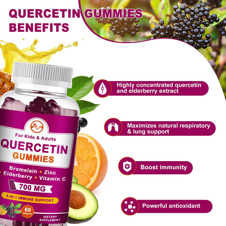 M inch Quercetin Gummies with Bromelain, Elderberry, Zinc and Vitamin C - Chewable Quercetin 700 mg Supplement for Immunity, Allergy, Antioxidant Support - Vegan Gummies, 60 Gummies