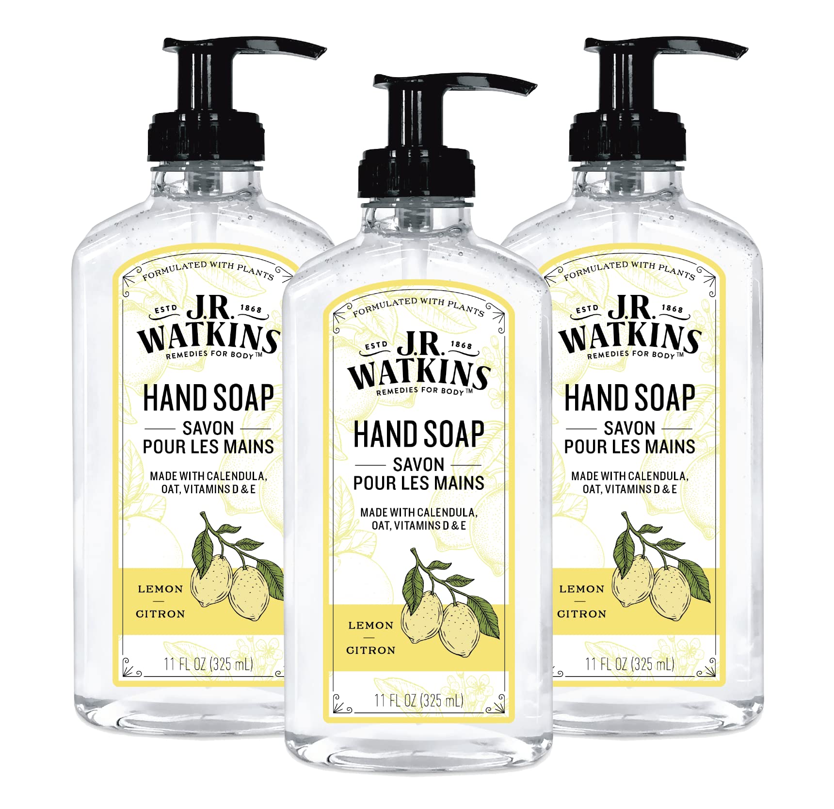 J.R. Watkins Natural Liquid Hand Soap, Lemon, 11 Ounce (3 Count)