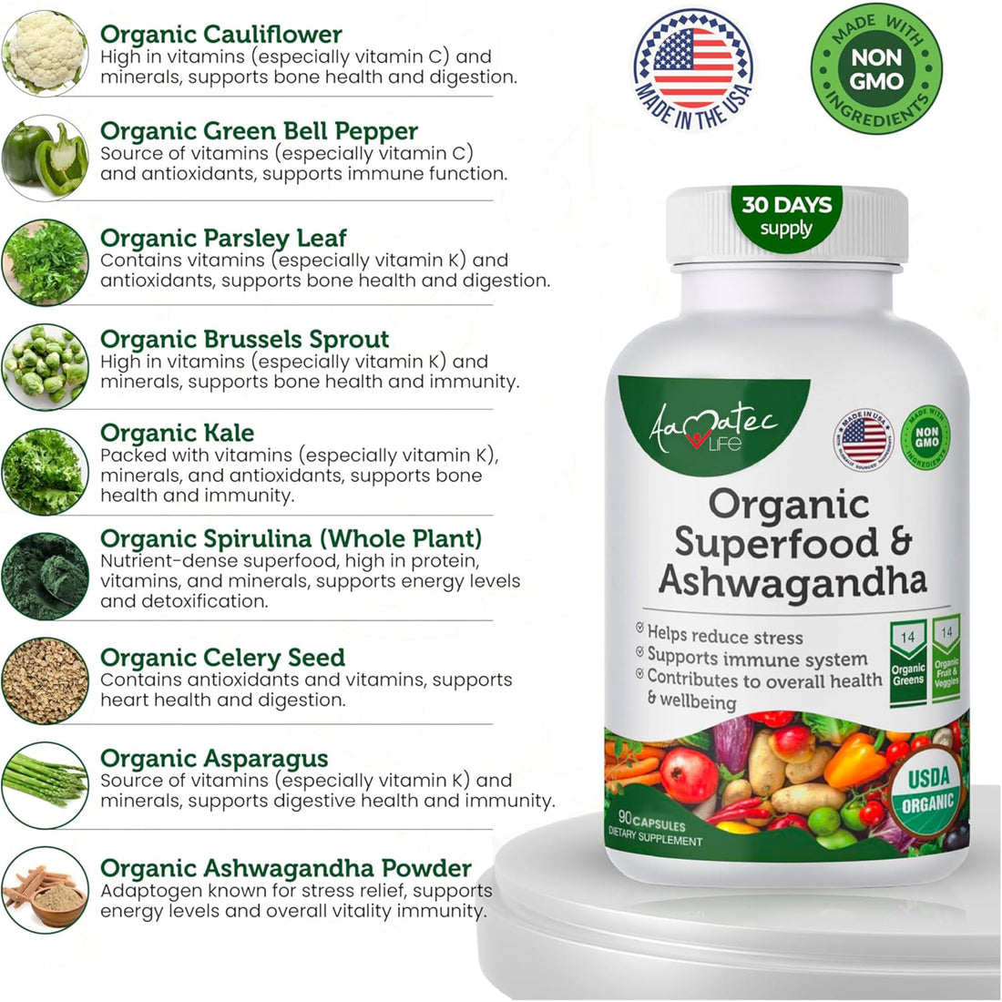 AAMATEC LIFE Organic Superfood Greens Fruits and Veggies Complex with Ashwagandha - 2 in 1 Supplement with 14 Greens Fruits & Vegetables with Ashwagandha Rich in Antioxidants - Non-GMO 90 Capsules