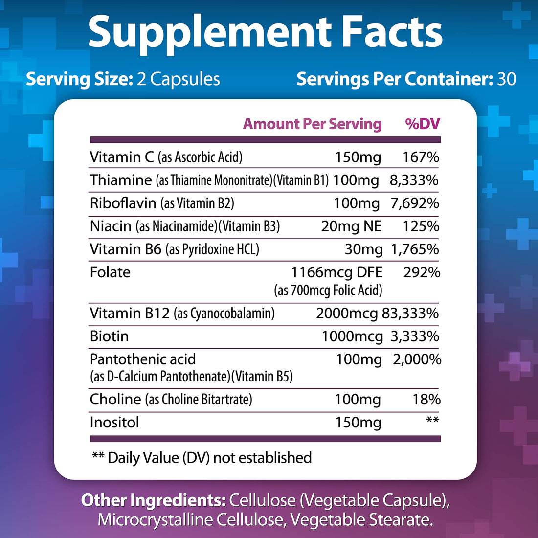 Vitamin B Complex - All B Vitamins B1, B2, B3, B5, B6, B7, B9, B12, Folic Acid, Vitamin C - Super B-100 Supplement - Immune, Energy & Metabolism Support, Vegan, Non-GMO, Gluten Free, 60 Capsules