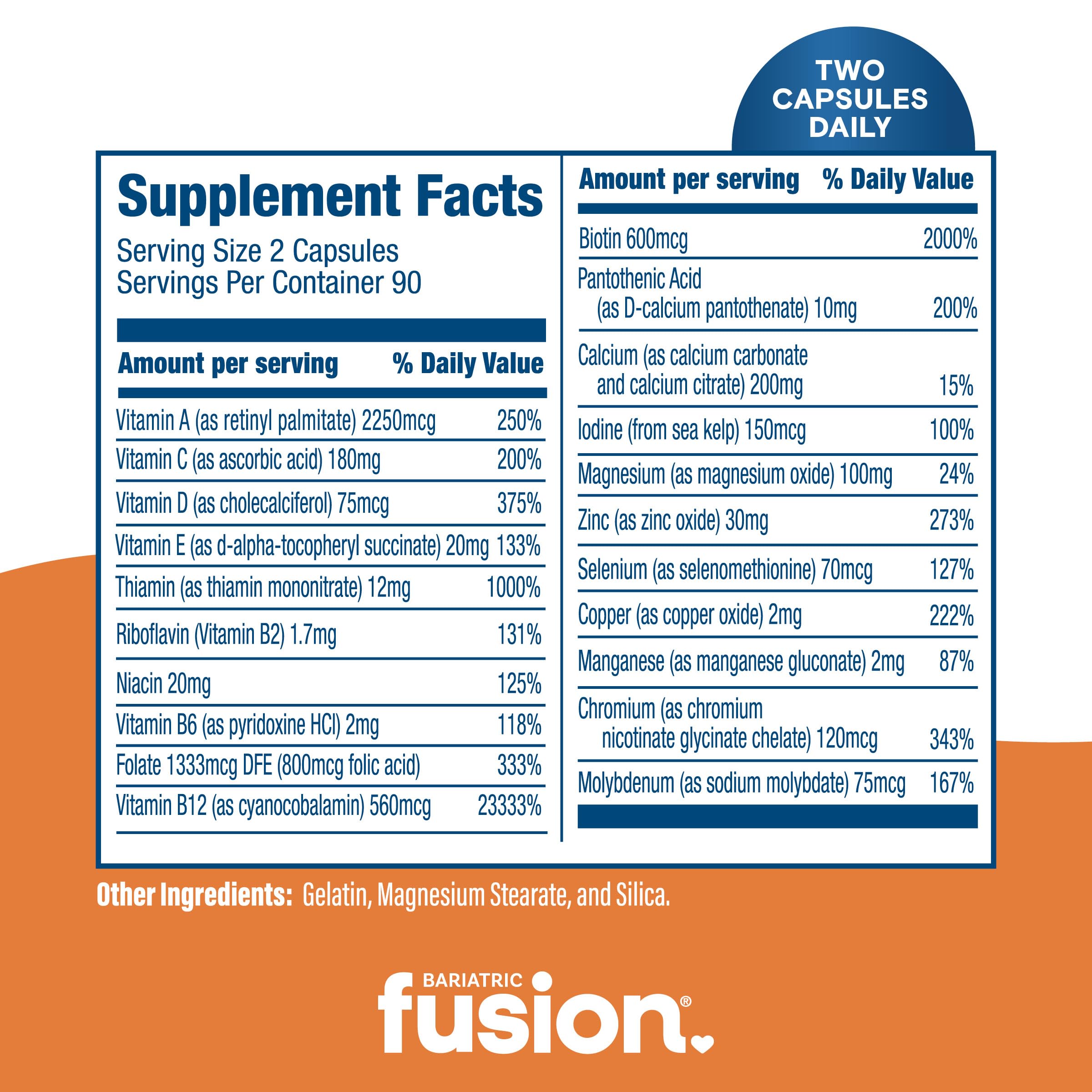 Bariatric Fusion Bariatric Multivitamin Without Iron | Post Bariatric Surgery Patients | Iron Free Bariatric Vitamin for Gastric Bypass and Sleeve Gastrectomy | Capsules | 1 Year Supply