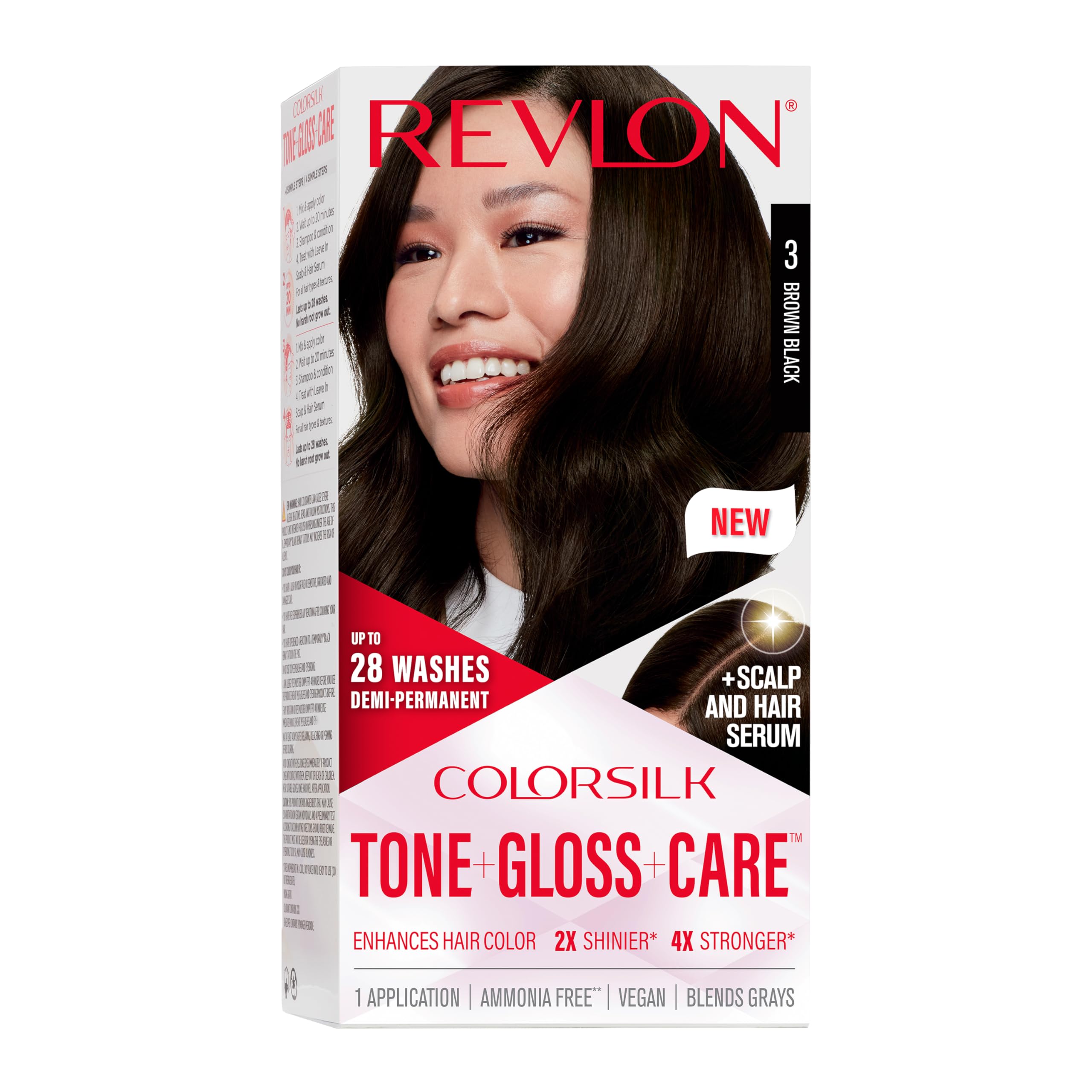 Revlon ColorSilk Tone + Gloss + Care Demi Permanent Hair Color, Dye Kit with Leave-In Scalp and Haircare Serum, 2x Shinier, 4x Stronger, 3 Brown Black, 4.5 fl oz