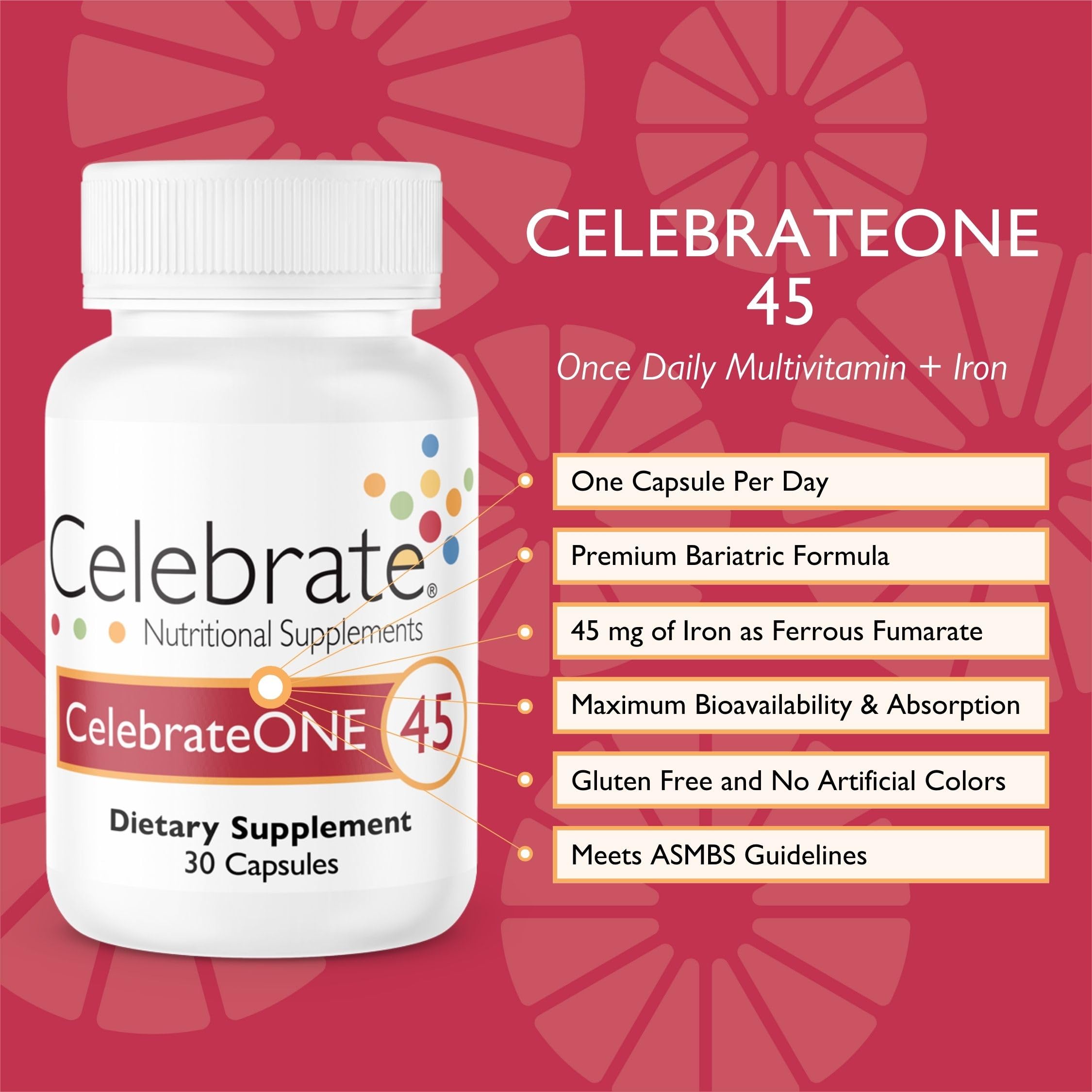 Celebrate Vitamins CelebrateONE 45, 45mg Iron - One A Day Bariatric Multivitamin, Essential Vitamins & Minerals - Gastric Bypass & Sleeve Gastrectomy Supplement (30 Capsules)