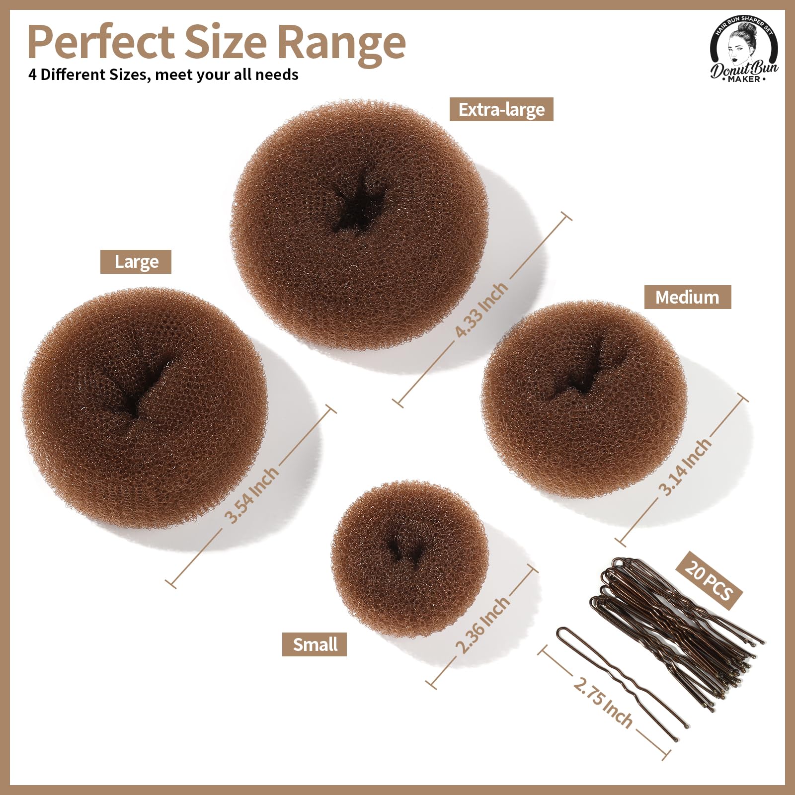 Teenitor Hair Bun Maker for Kids Girls - Hair Donuts, Ballet Bun in 4 Sizes, Light Brown