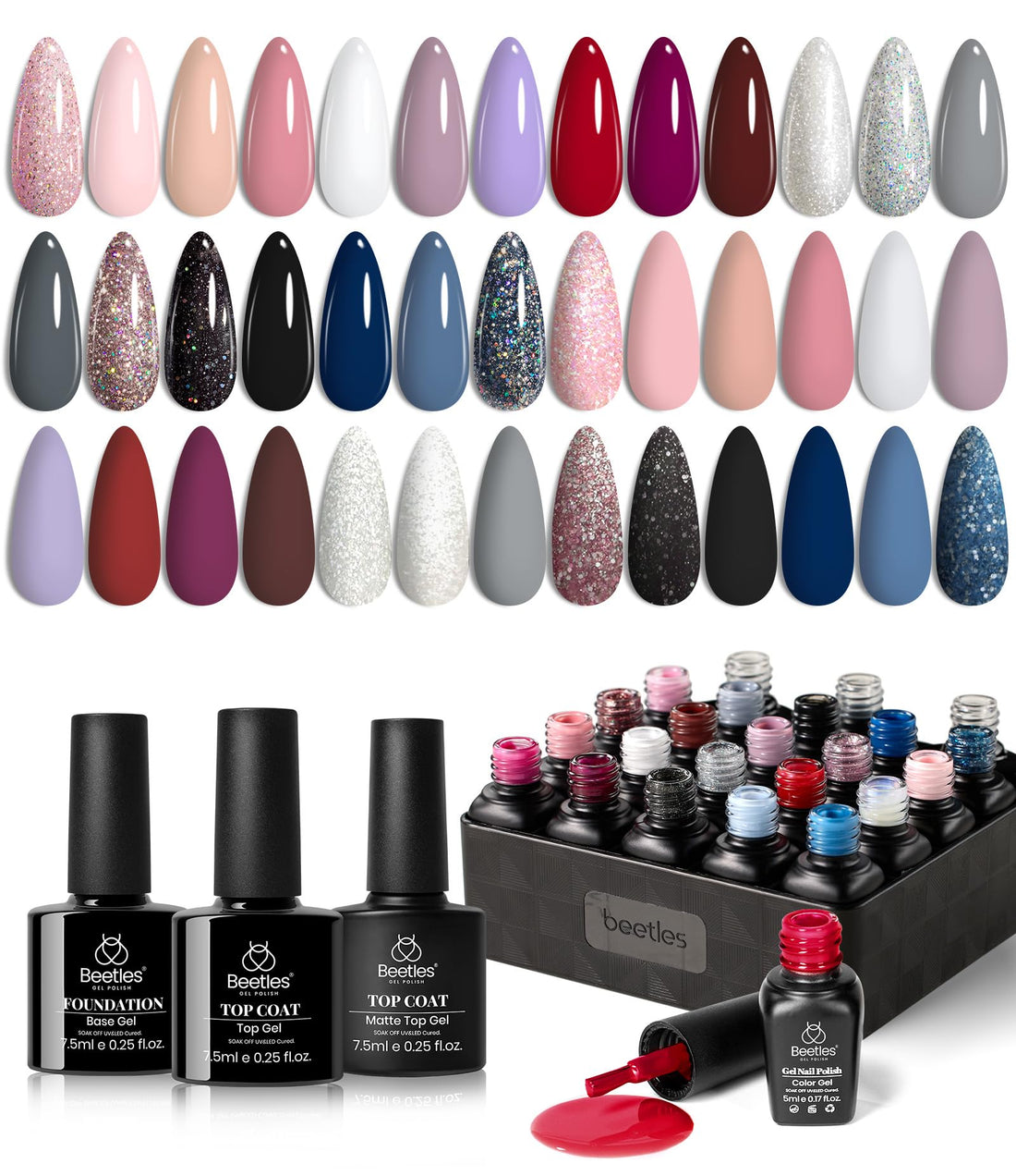 beetles Gel Polish Kit, Nude Gray Pink Blue Burgundy Glitter Gel Polish Set Modern Muse Collection with 3Pcs Base Matte Glossy Top Coat Soak off Uv Gel for Women