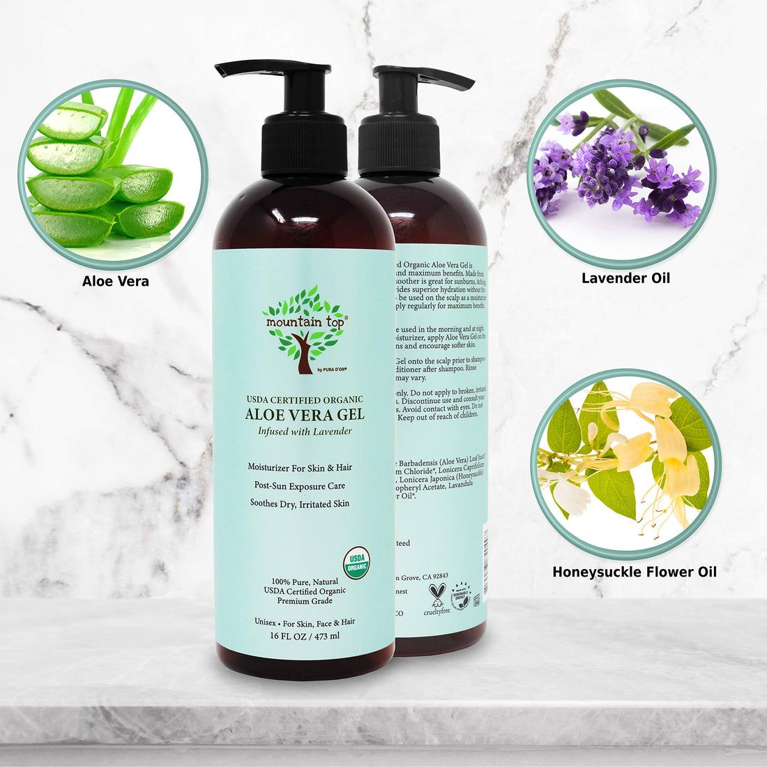 MOUNTAIN TOP Organic Aloe Vera Gel (16 fl oz / 473 mL) USDA Certified 100% Pure & Natural - For Extremely Dry & Itchy Skin