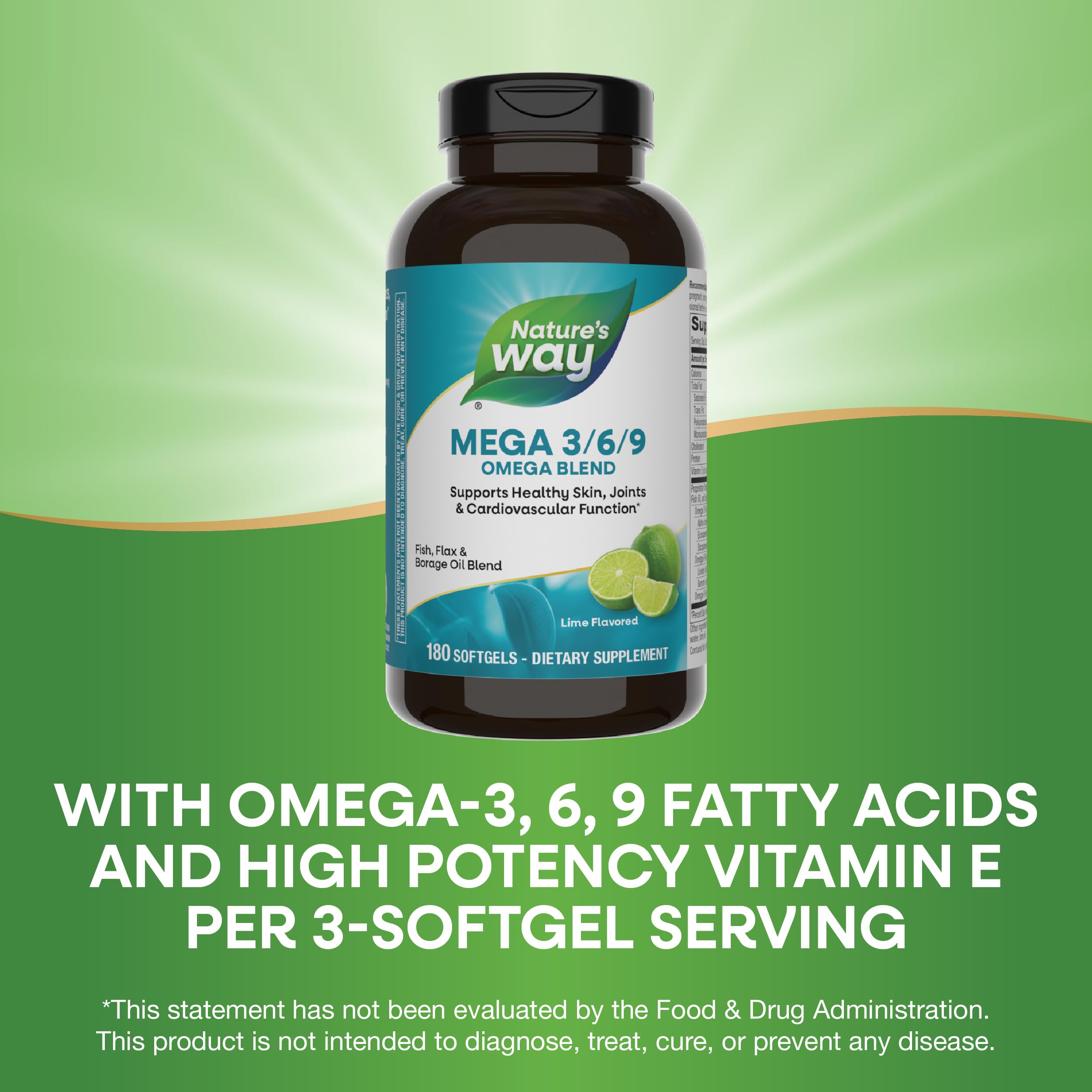 Nature’s Way Mega 3/6/9 Omega Blend, Supports Healthy Skin, Joints, Cardiovascular Function*, Fish, Flax, Borage Oil, 180 Lime Flavored Softgels (Packaging May Vary)
