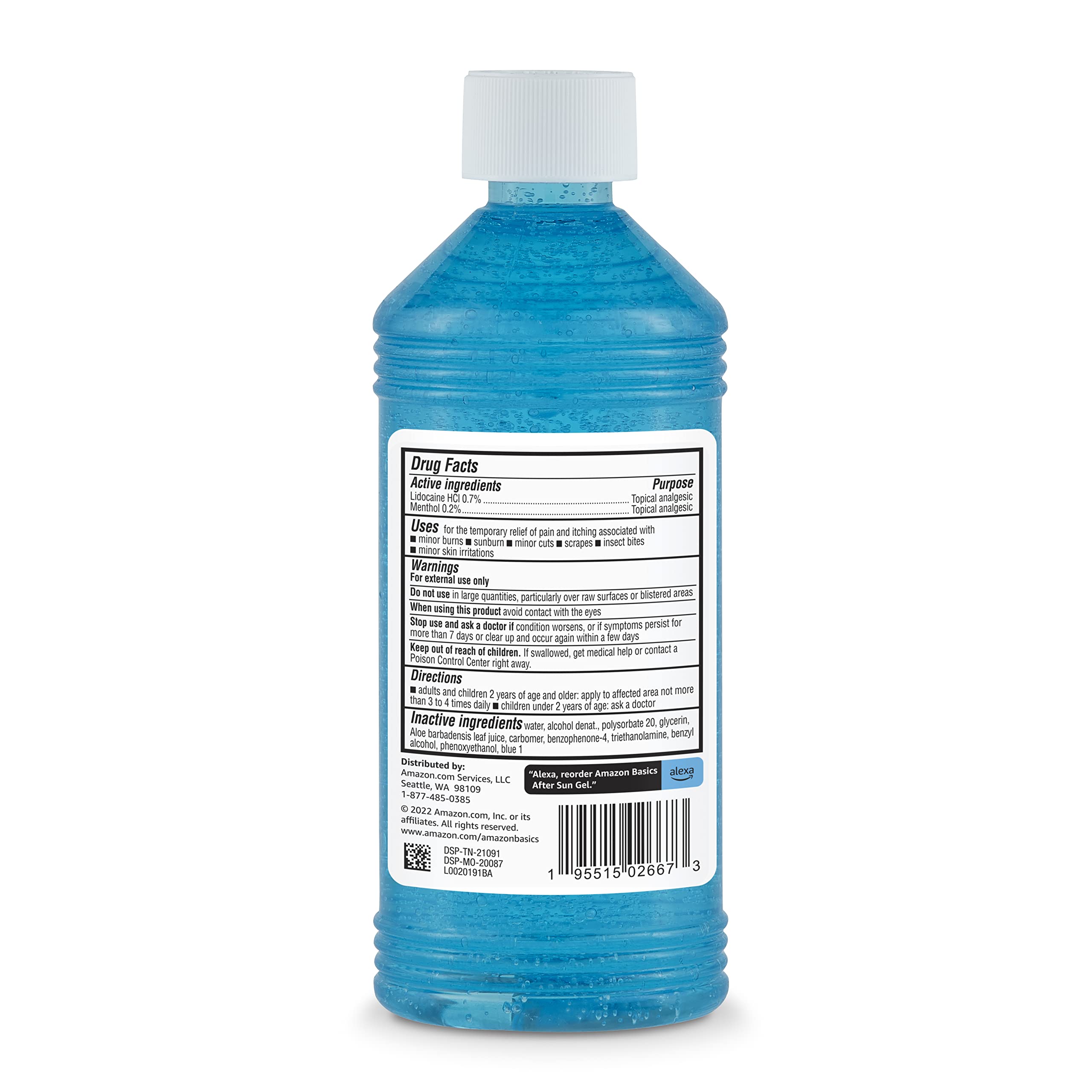 Amazon Brand - Solimo After Sun Gel with Aloe, Lidocaine and Menthol, 16 Fluid Ounce (1 Pack)