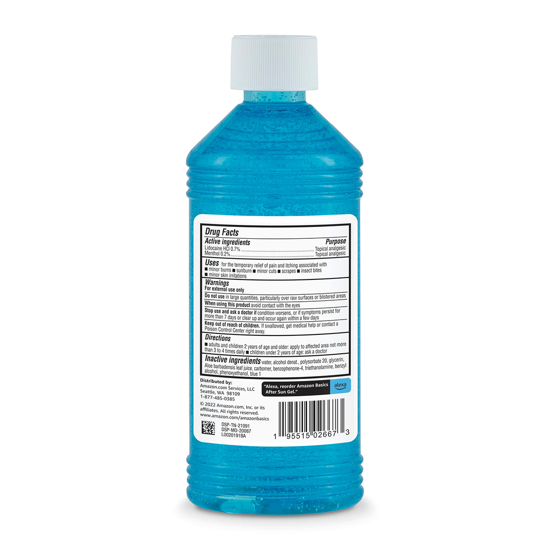 Amazon Brand - Solimo After Sun Gel with Aloe, Lidocaine and Menthol, 16 Fluid Ounce (1 Pack)