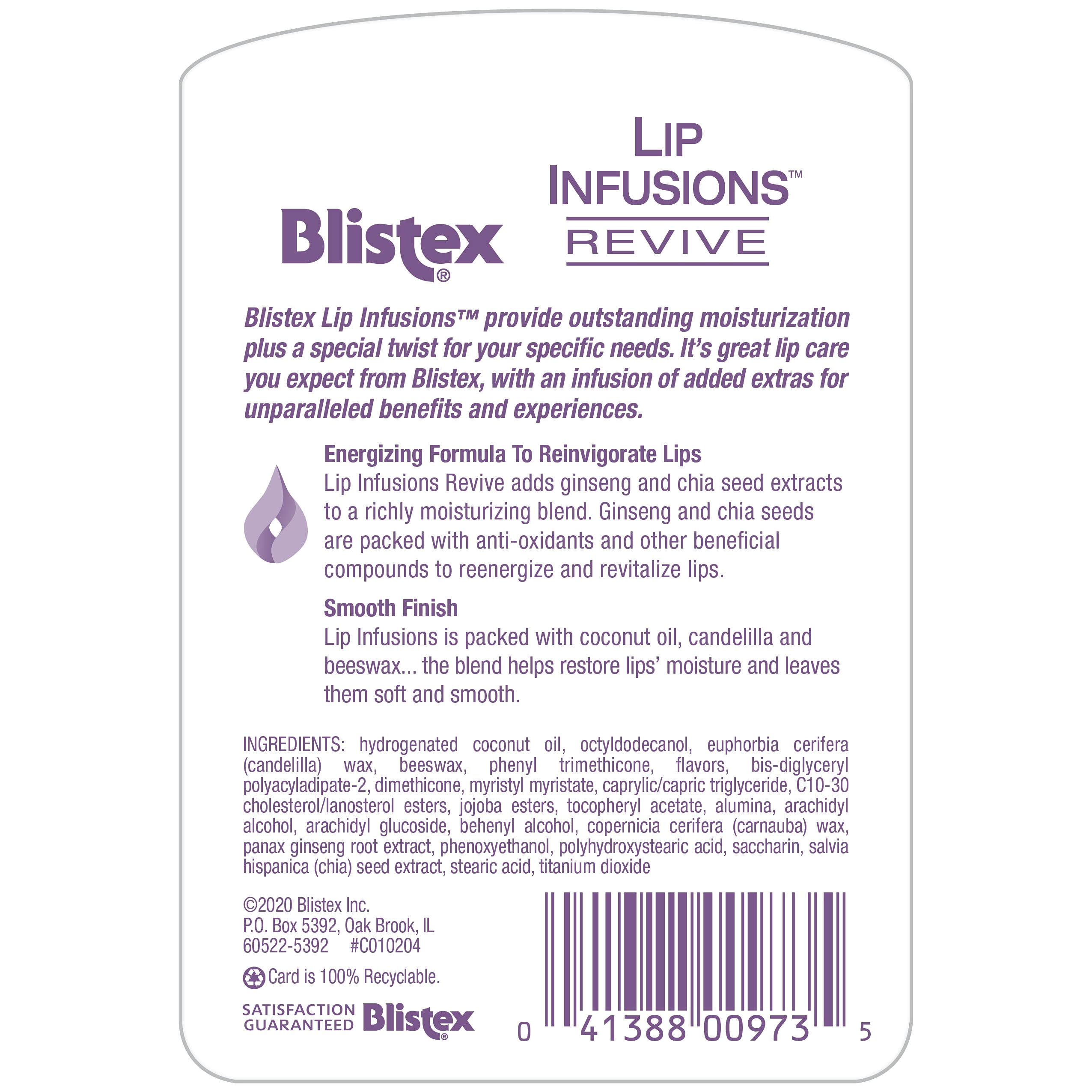 Blistex Lip Infusions Revive Lip Moisturizer, Chia Seed, Ginseng, 0.13 Oz