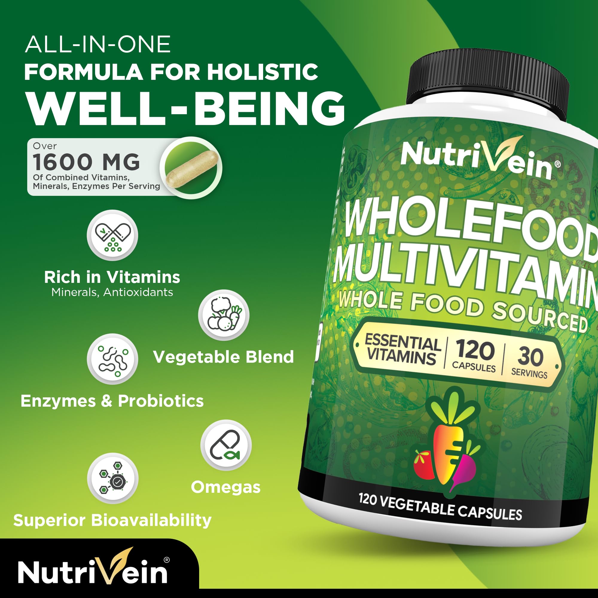 Nutrivein Whole Food Multivitamin - Complete Daily Vitamins for Men and Women from Natural Whole Foods, Real Raw Veggies, Fruits, Vitamin E, A, B Complex - 30 Day Supply (120 Capsules, Four Daily)