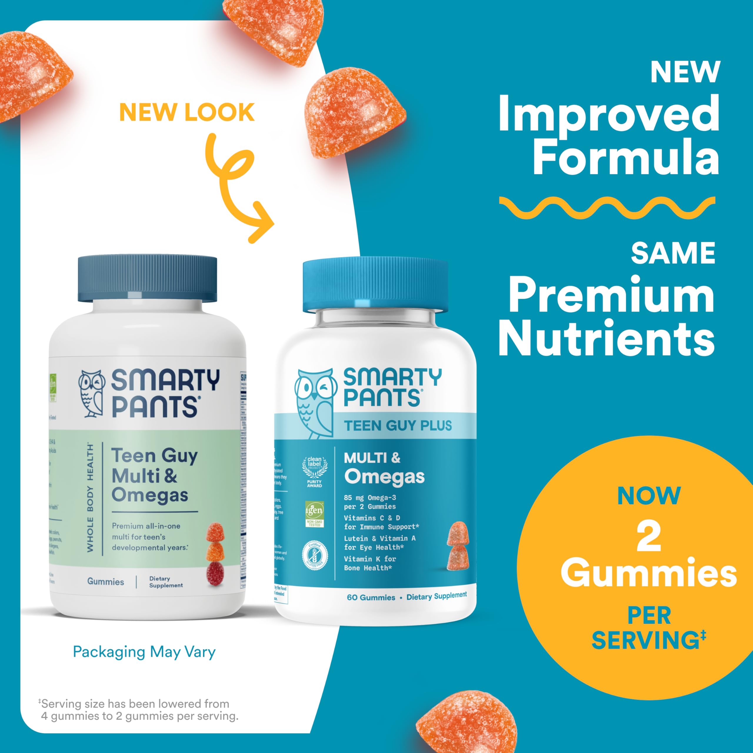 SmartyPants Teen Guy Multivitamin Gummies - Improved Formula: Omega 3 (DHA/EPA), Vitamin D3, C, Vitamin B12, B6, A, K & Zinc, Folate, Gluten Free, Fruit Flavor, 60 Count (30 Day Supply)