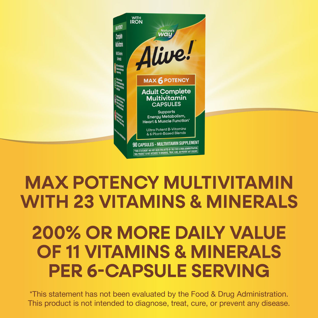 Nature's Way Alive! Max6 Potency Adult Complete Multivitamin, with Iron, Vitamins A, C, E & B-Vitamins Including Methylated B12 & Folate, Supports Energy Metabolism*, 90 Capsules (Packaging May Vary)