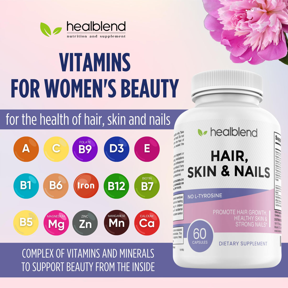 healblend Hair Skin and Nails Vitamins for Women with Biotin 5000 mcg, Iron and Manganese | Vegan, Non-GMO | 60 Capsules