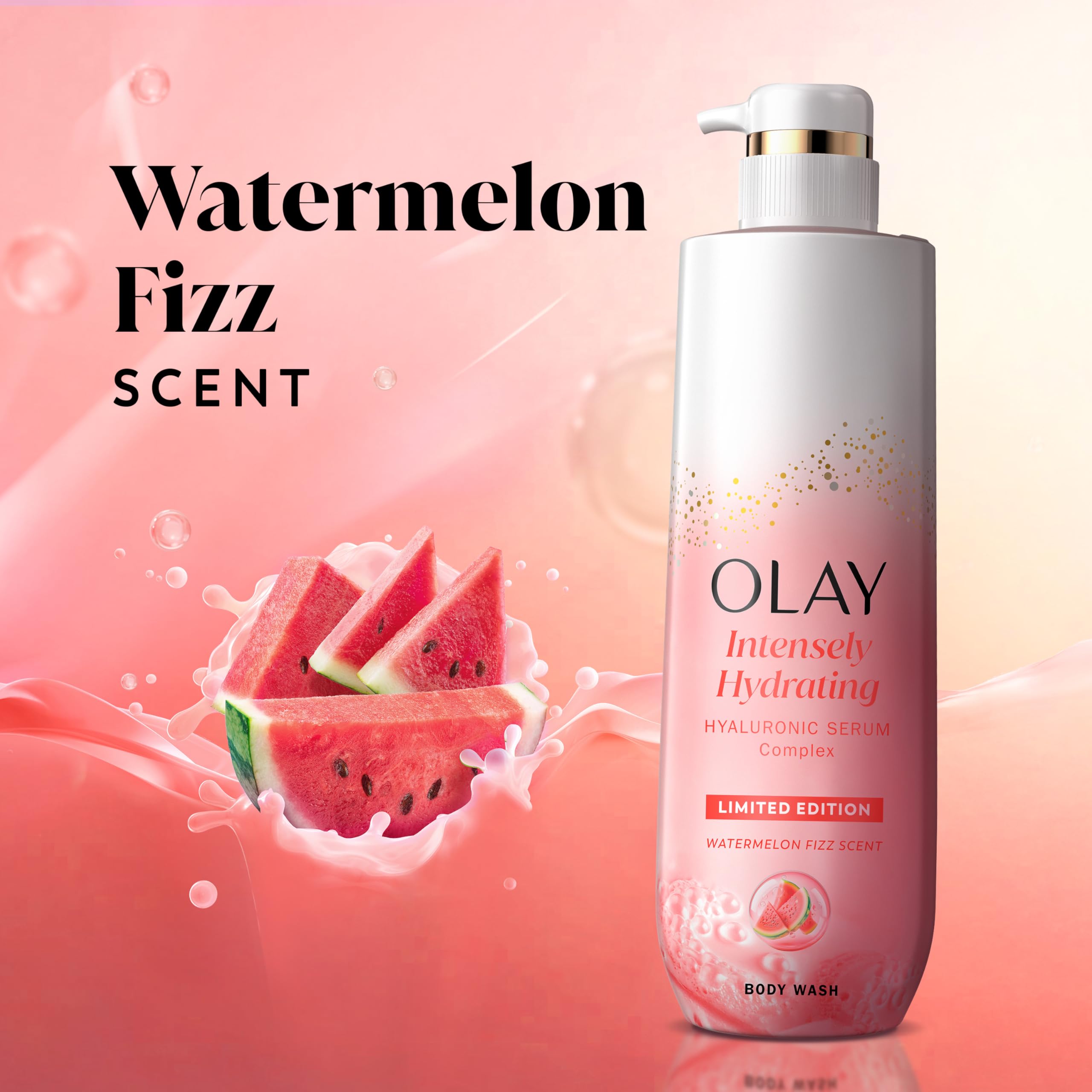 Olay Body Wash for Women, Intensely Hydrating, Pro-Hyaluronic Acid Serum Complex, Renews Moisture, Vitamin B3 Lameller Technology, For All Skin Types, Watermelon Summer Fizz Scent, 20 fl oz