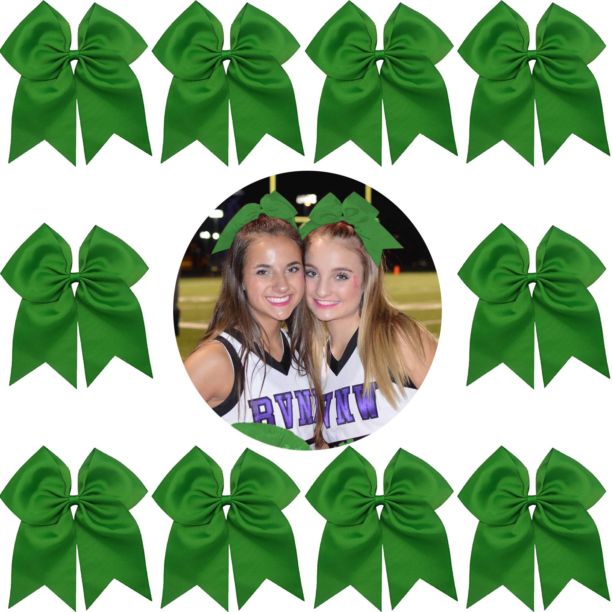 7 Jumbo Cheer Bow Big Hair Bows with Ponytail Holder Large Classic Accessories for Teens Women Girls Softball Cheerleader Sports Elastics Ties Handmade by Kenz Laurenz (Green)