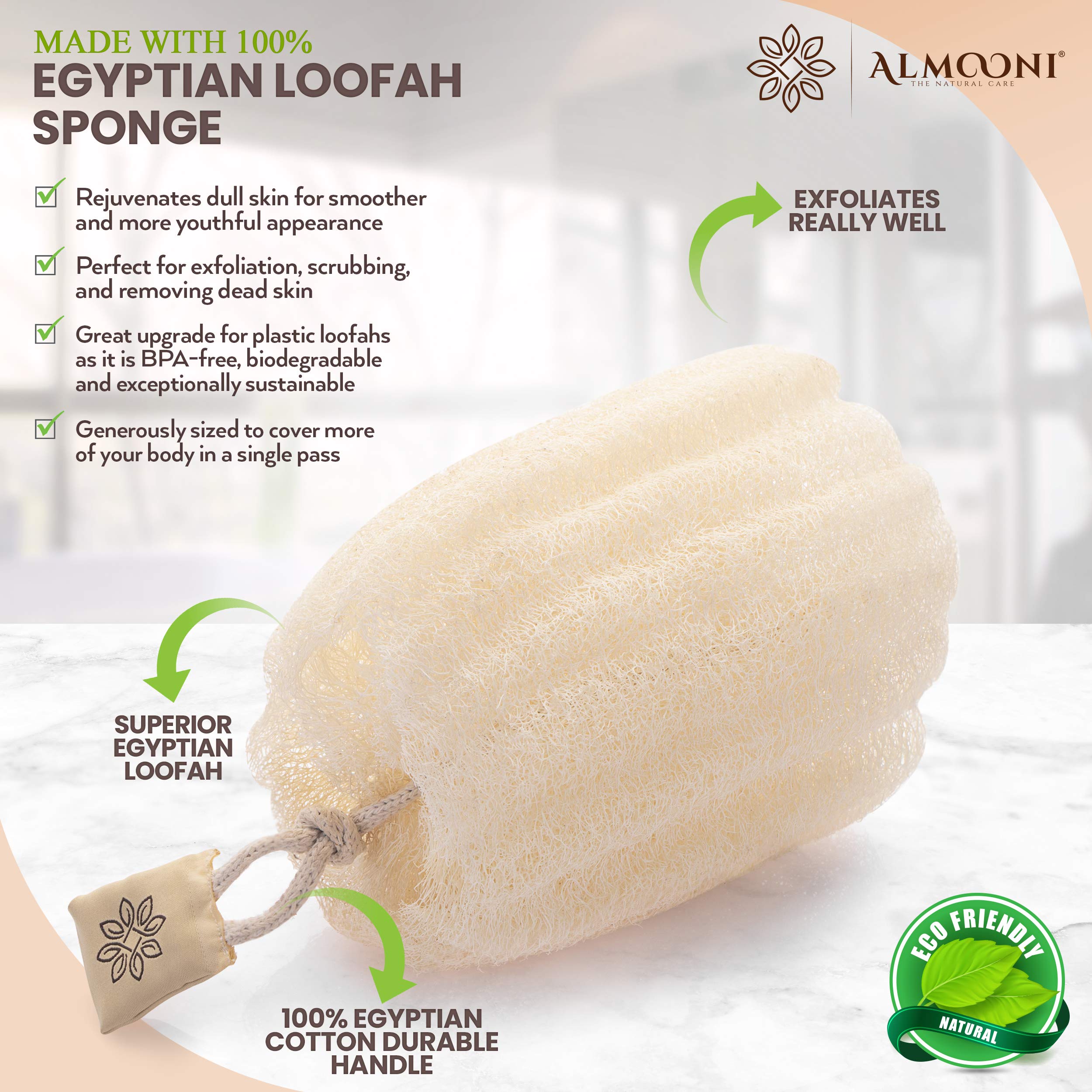 Almooni Egyptian Loofah Exfoliating Body Scrubber, Natural Real Egyptian Shower Loofah Sponge Body Scrubber for Women and Men, for Body and Face That Will Get You Clean - 3 Count (1 Pack)