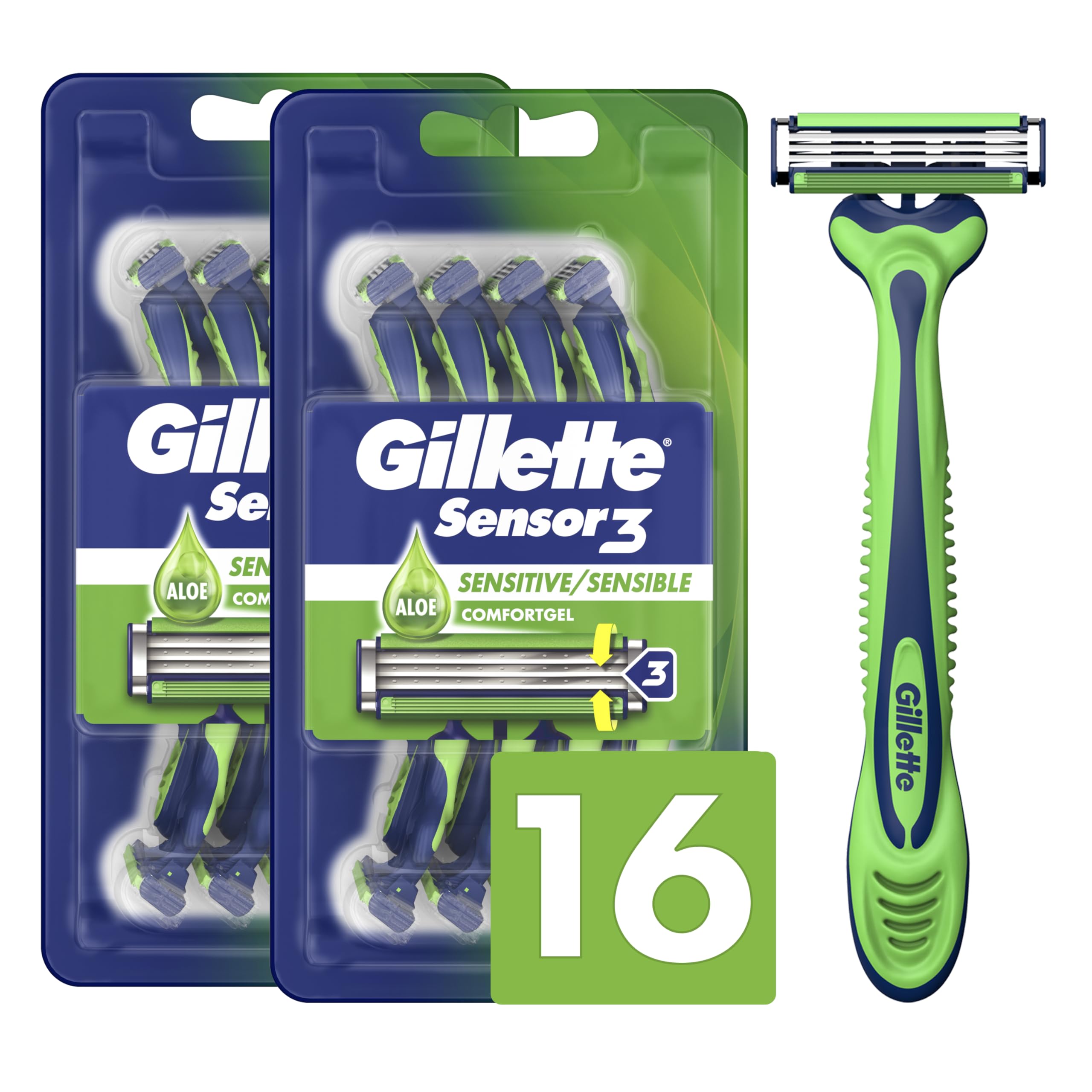 Gillette Sensor3 Sensitive Disposable Razors for Men, 16 Count, Enhanced Lubrastrip Glides Easily Over Your Skin
