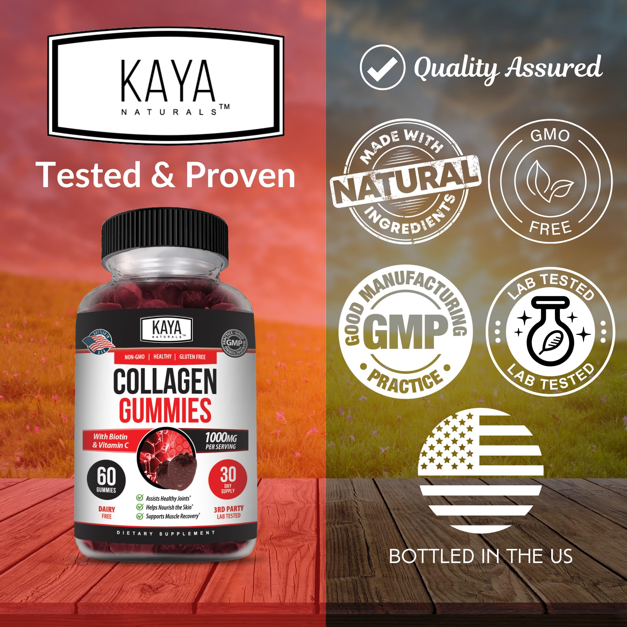 Kaya Naturals Collagen Gummies for Men & Women Supplement | Nature Made Gummies - 1000mg of Hydrolyzed Collagen, Vitamin C, Selenium & Biotin, Strawberry Flavor - 60 Count Gummies