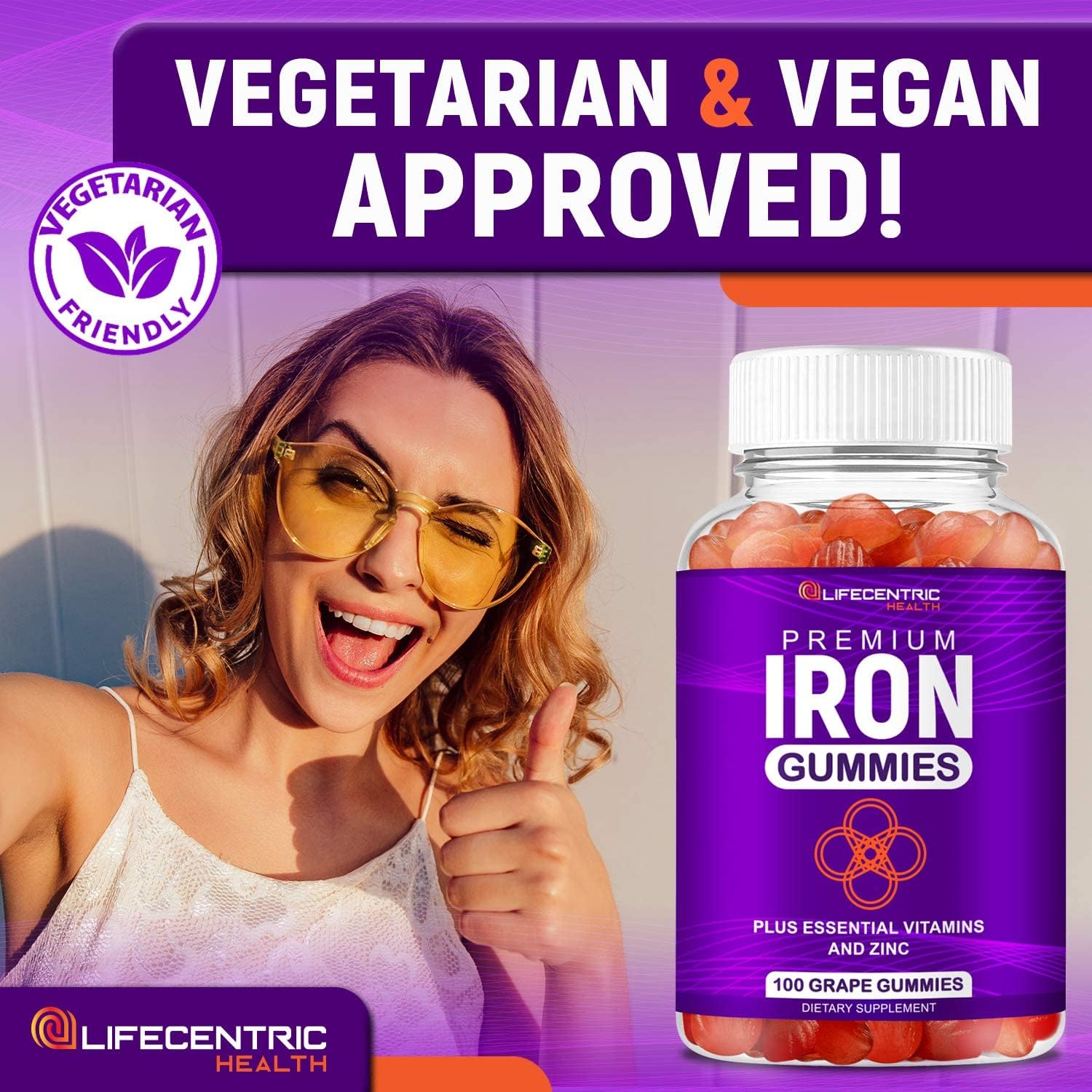 LifeCentricHealth Iron Gummies for Adults & Kids | Biotin Zinc Vitamin B Folic Acid Gummies | Vegan Gluten Free Blood Builder Anemia Supplements | Tasty Energy Boosting Iron Supplement for Women & Men