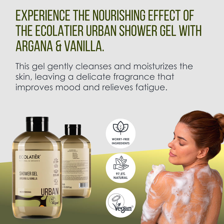 ECOLATIÈR Vanilla Body Wash with Organic Argan Oil - Moisturizing Natural Body Wash for Women & Men, 97.5% Natural Ingredients, Vegan, Hydrating & Antioxidant Care for Soft, Smooth Skin, 20.3 Fl Oz