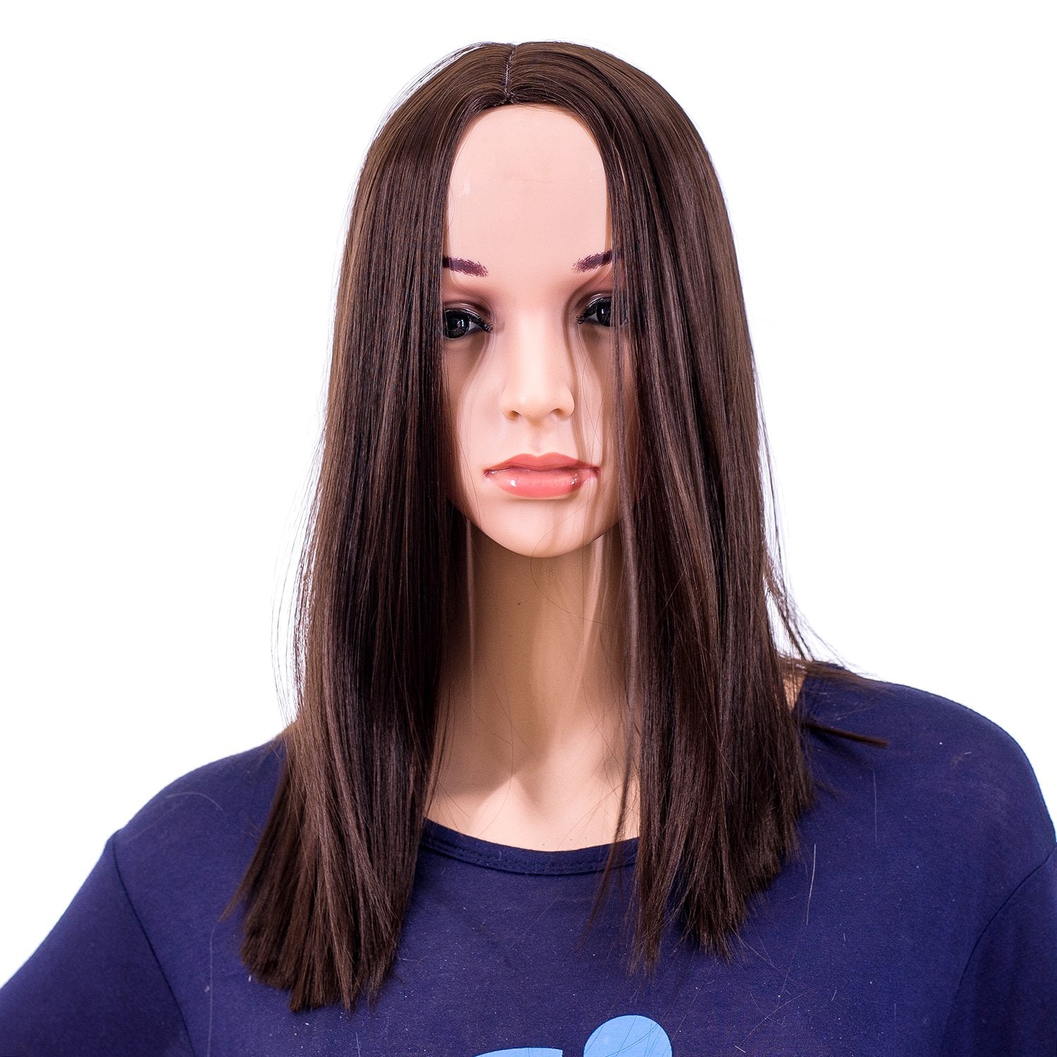SWACC 14-Inch Short Straight Middle Part Hair Wig Medium Length Synthetic Heat Resistant Wigs for Women with Wig Cap (Dark Brown-4#)