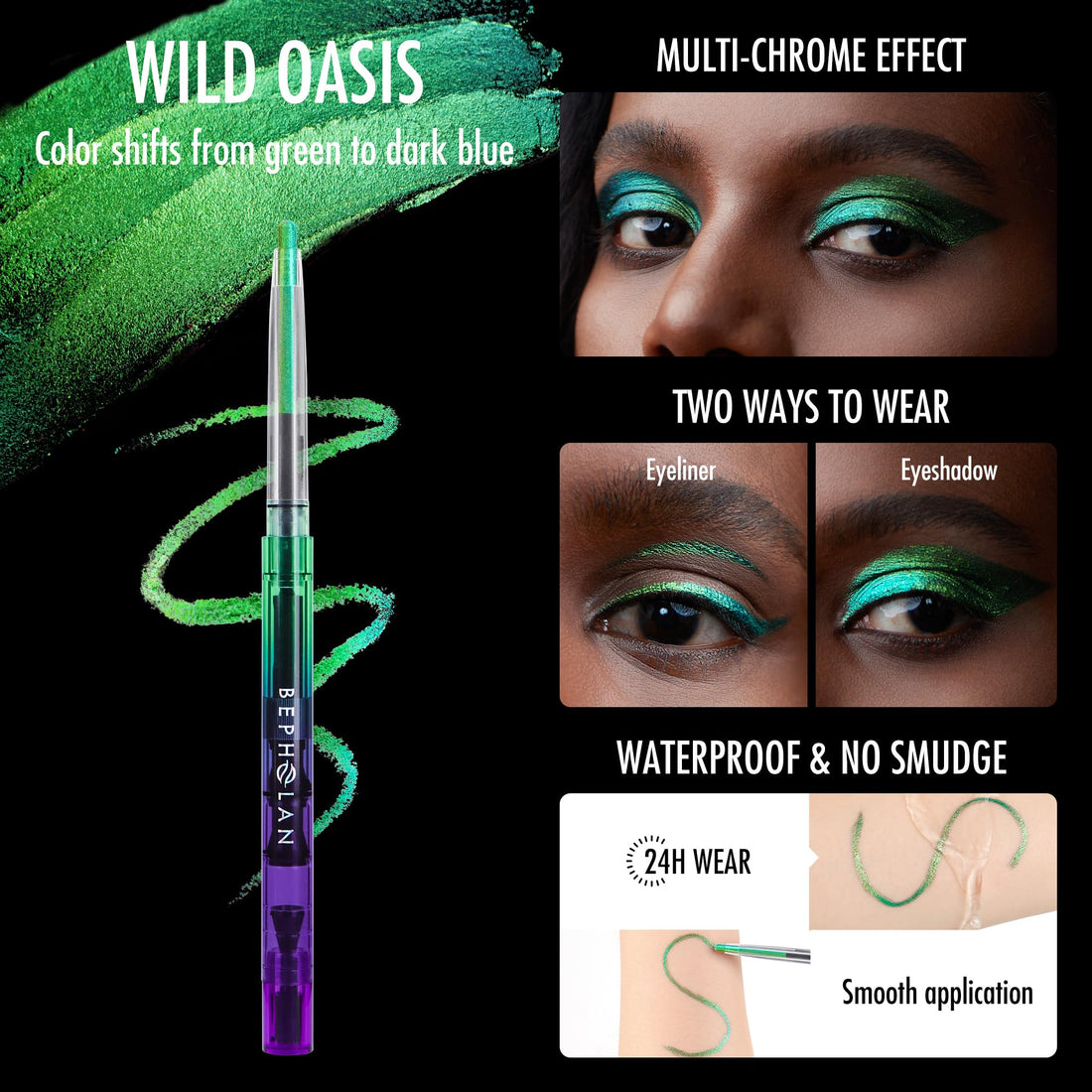 BEPHOLAN Chameleon Metallic Eyeliner - Shifting Colors Glitter Waterproof, 24h Long-Lasting Eyeliner Pen (WILD OASIS)