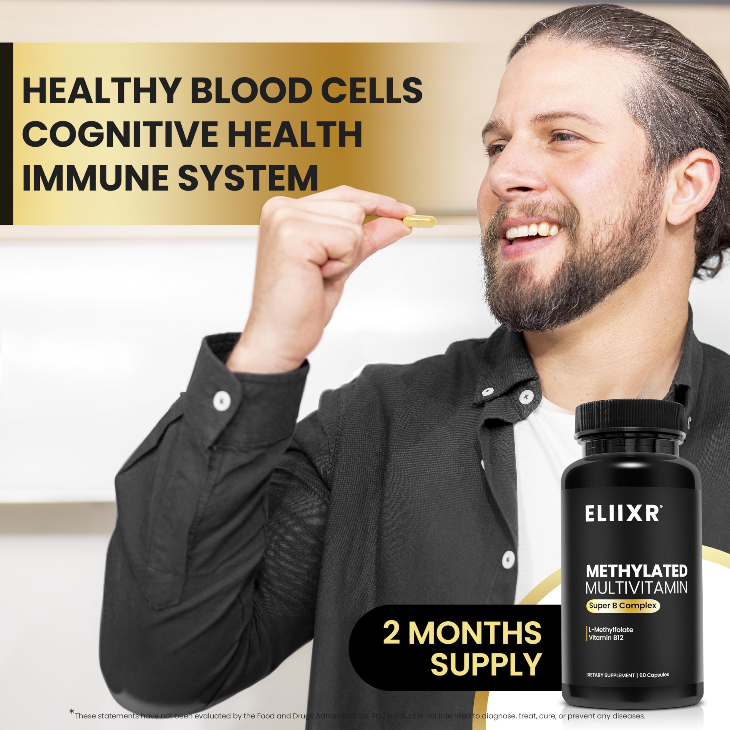 Eliixr Methylated Multivitamin Supplement for Men and Women with Active Methyl B12 and 5-MTHF Methylfolate 60 Vegetable Capsules Iron Free Made in The USA