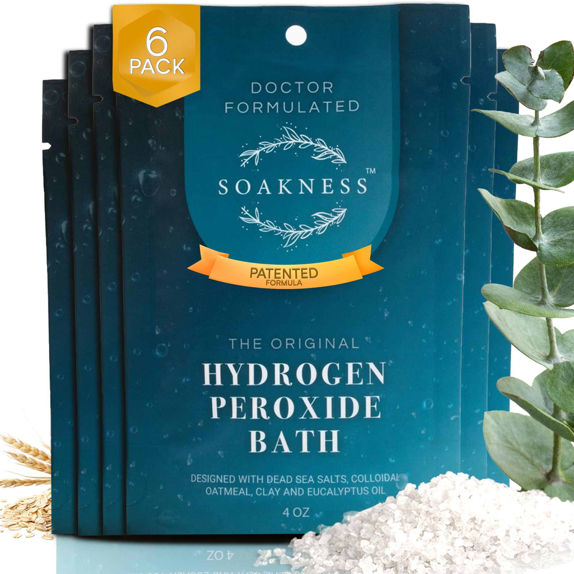 Soakness Hydrogen Peroxide Epsom Salt Bath Soak - USA-Made – Patented Bath Salts, Muscle Recovery, & Skin Detoxification – Magnesium Salts for Bathing - Doctor Formulated Pure Epsom Salt (6-Pack)