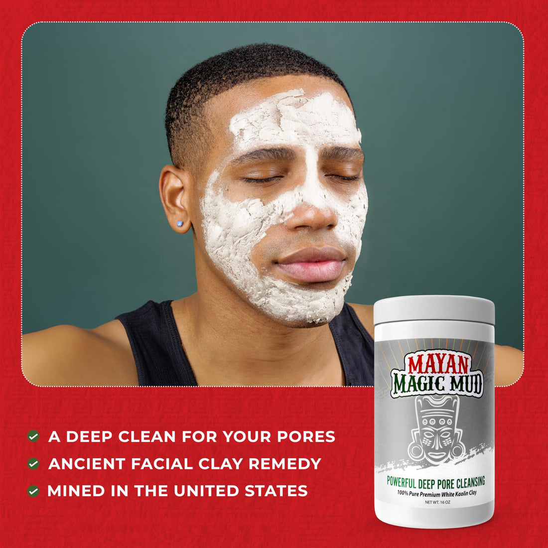 Mayan Magic Mud Powerful Deep Pore Cleansing White Kaolin Clay - Natural Face Mask Peel For Men And Women - USA Made Full Facial Skin Care - Spa Level Beauty Products That Cleanse Skin - 16 Oz