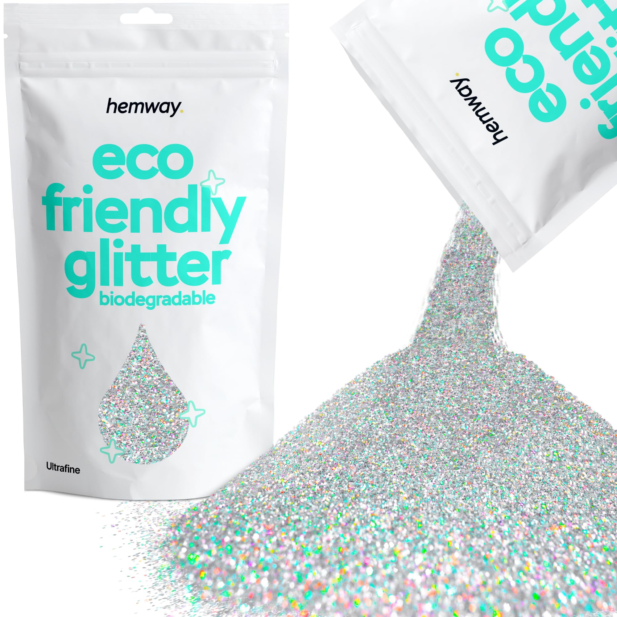 Hemway Eco Friendly Biodegradable Glitter 100g / 3.5oz Bio Cosmetic Safe Sparkle Vegan for Face, Eyeshadow, Body, Hair, Nail and Festival Makeup - Ultrafine (1/128 0.008 0.2mm) - Silver Holographic