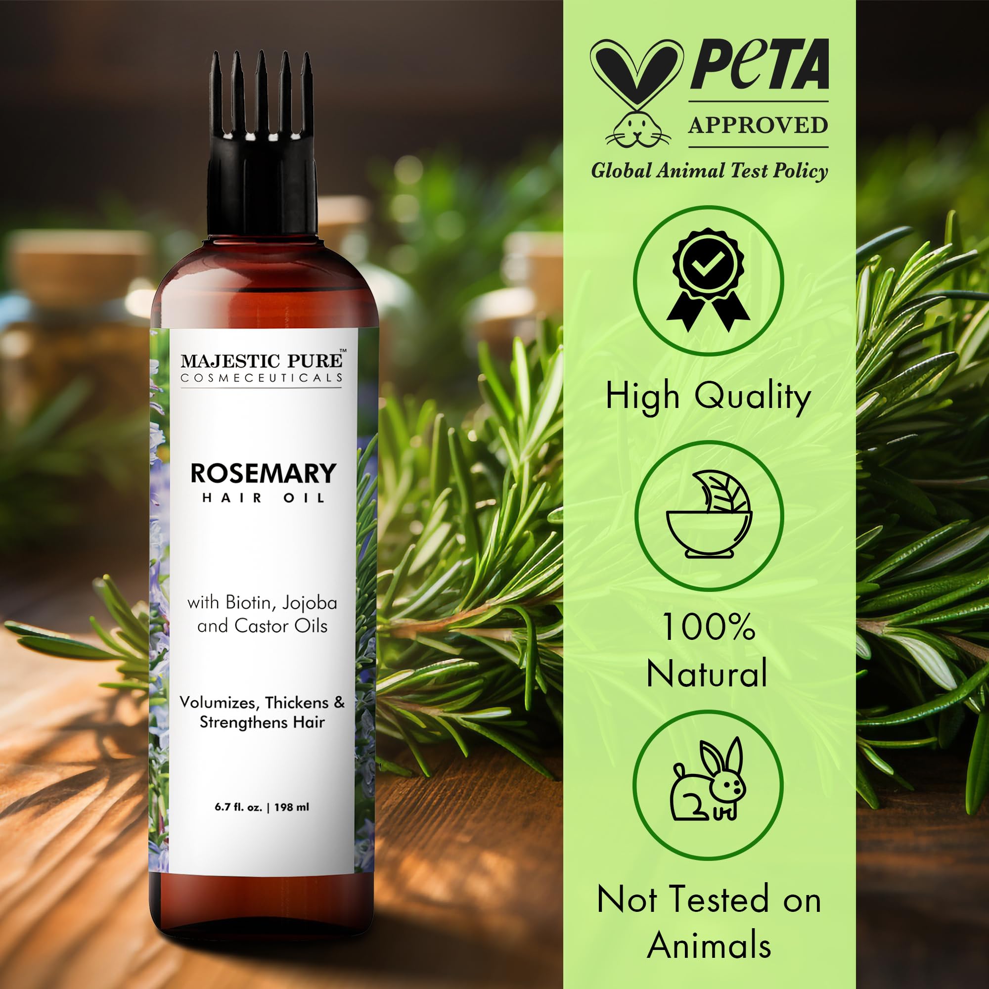 Majestic Pure 100% Pure Rosemary Oil with Biotin for Hair Care, Strengthening, Nourishing, and Volumizing Formula with Jojoba Oil and Castor Oil - Non GMO Verified, 198 ml