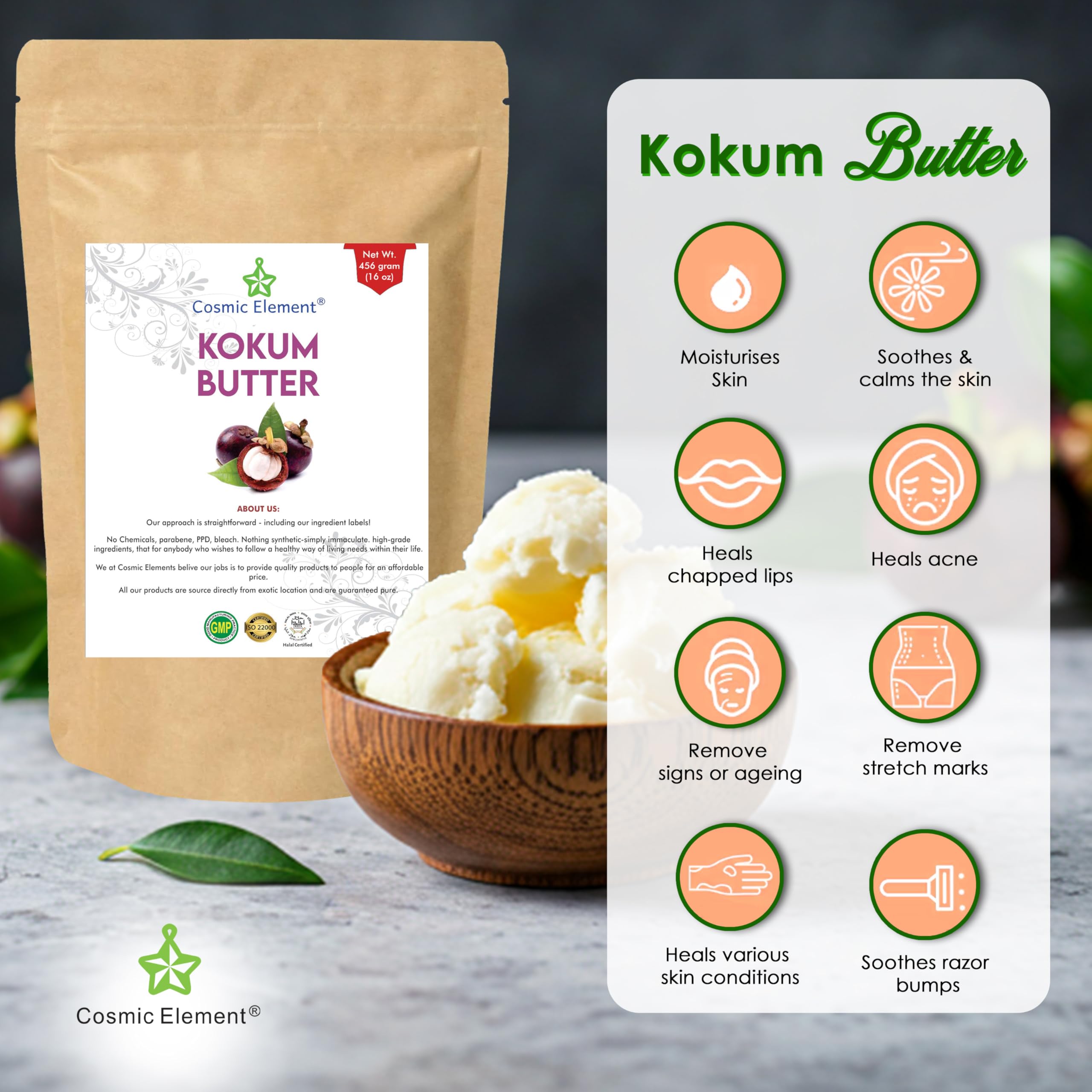 Cosmic Element Raw Organic Kokum Butter - Light, Firm Butter for Skin Care | Ideal for Making Soap, Lotion Bars, Lip Balm | Body Butter for Dry Skin - Scent-Free (16 Oz)