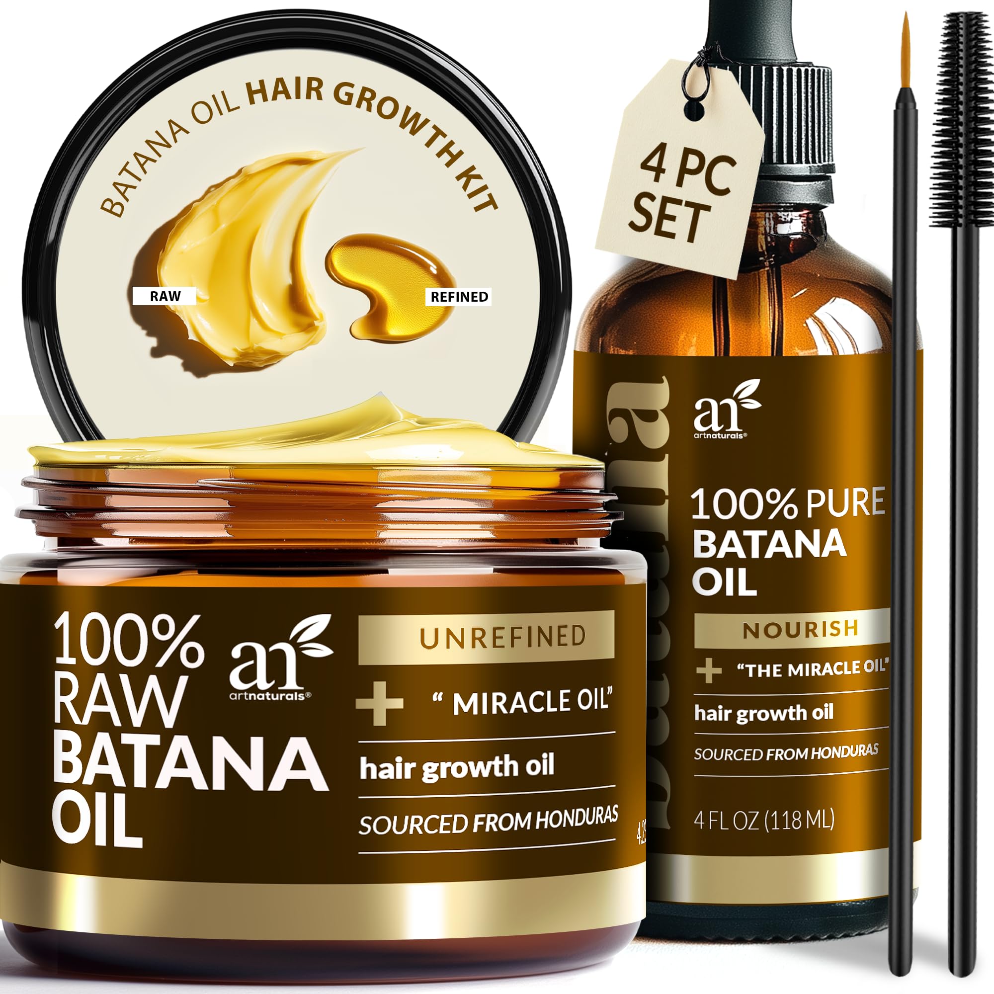 Batana Oil for Hair Growth – 4Pc Set: Raw Batana oil 4oz + 4.2oz Paste, Lash Wand & Brow Brush– Organic Dr. Sebi Inspired Products from Honduras –100% Unrefined Miracle for Scalp, Edges & Eyebrows
