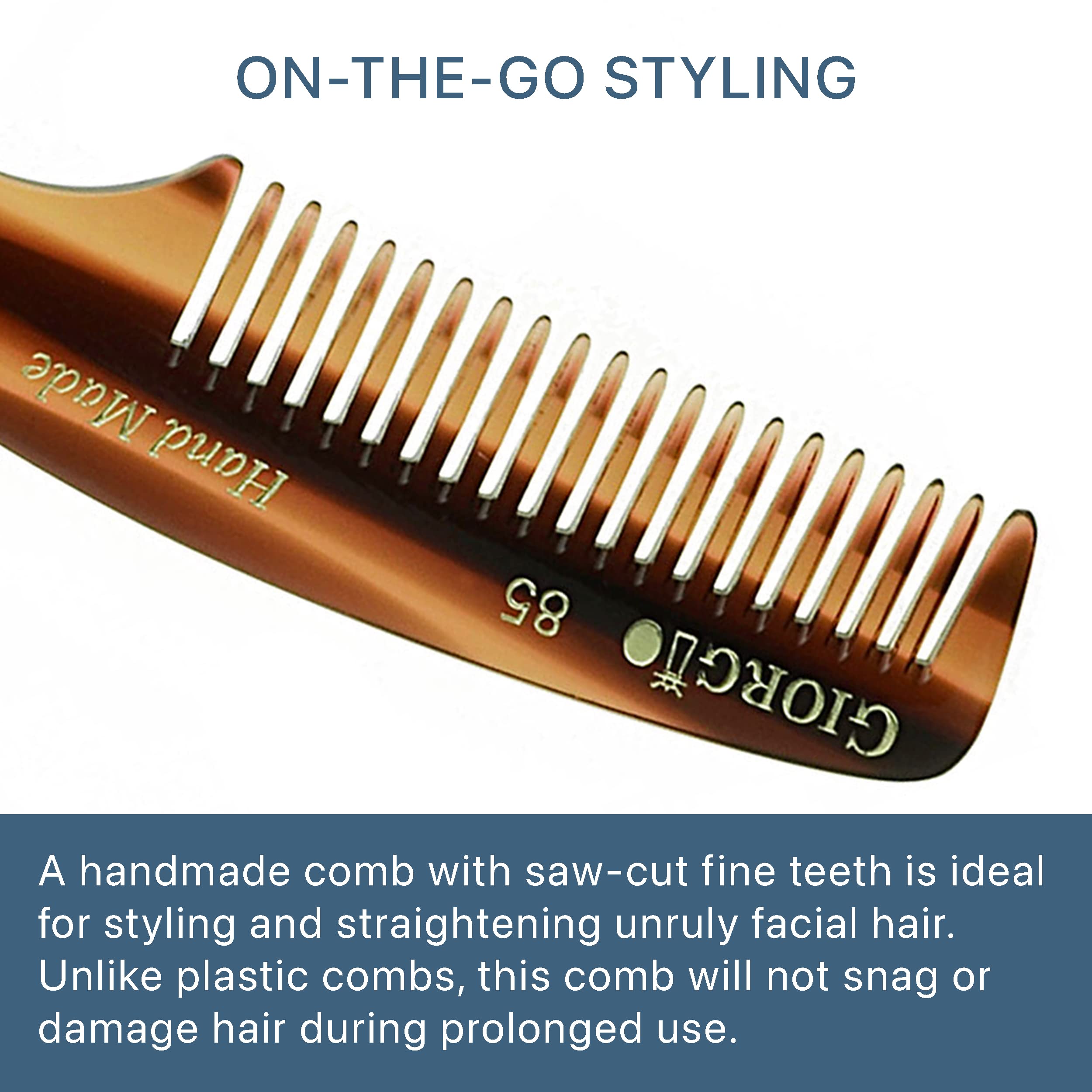 Giorgio G85 4 ¾ in 120mm, Small Men’s Fine Tooth pocket Beard & Mustache Comb for Facial hair Grooming. Hand-Made of Cellulose, saw-cut. Perfect man moustache comb. (Tortoise)