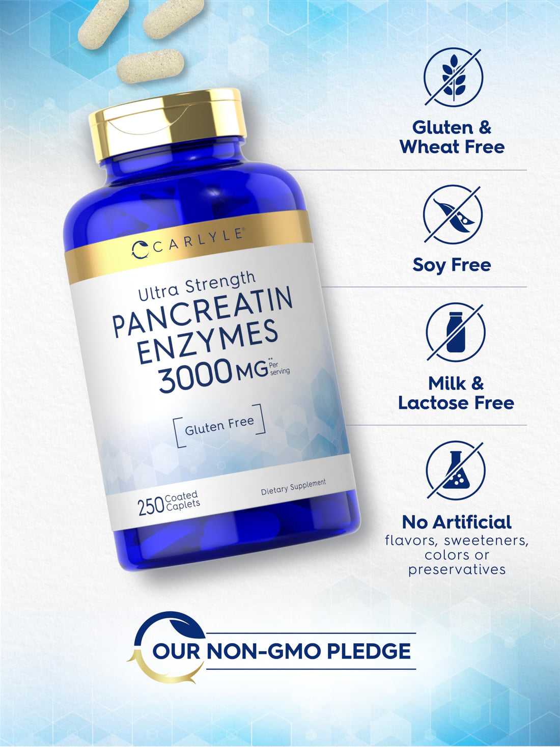 Carlyle Pancreatin Digestive Enzymes | 3000mg | 250 Caplets | Non-GMO, Gluten Free | High Potency Formula