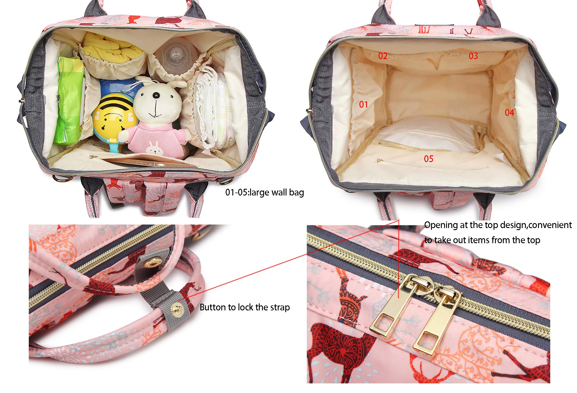 Starte Deer Cartoon Diaper Bag for Mom/Dad,Waterproof Travel Backpack,Spacious Tote Shoulder Bag Organizer,Pink