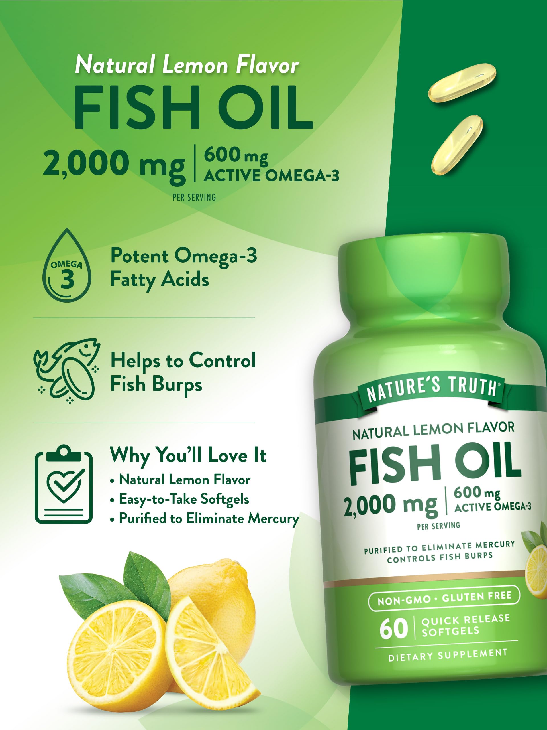 Nature's Truth Fish Oil 2000mg | 60 Softgels | EPA & DHA | 600mg Active Omega-3 | Natural Lemon Flavor | Non-GMO and Gluten Free Supplement