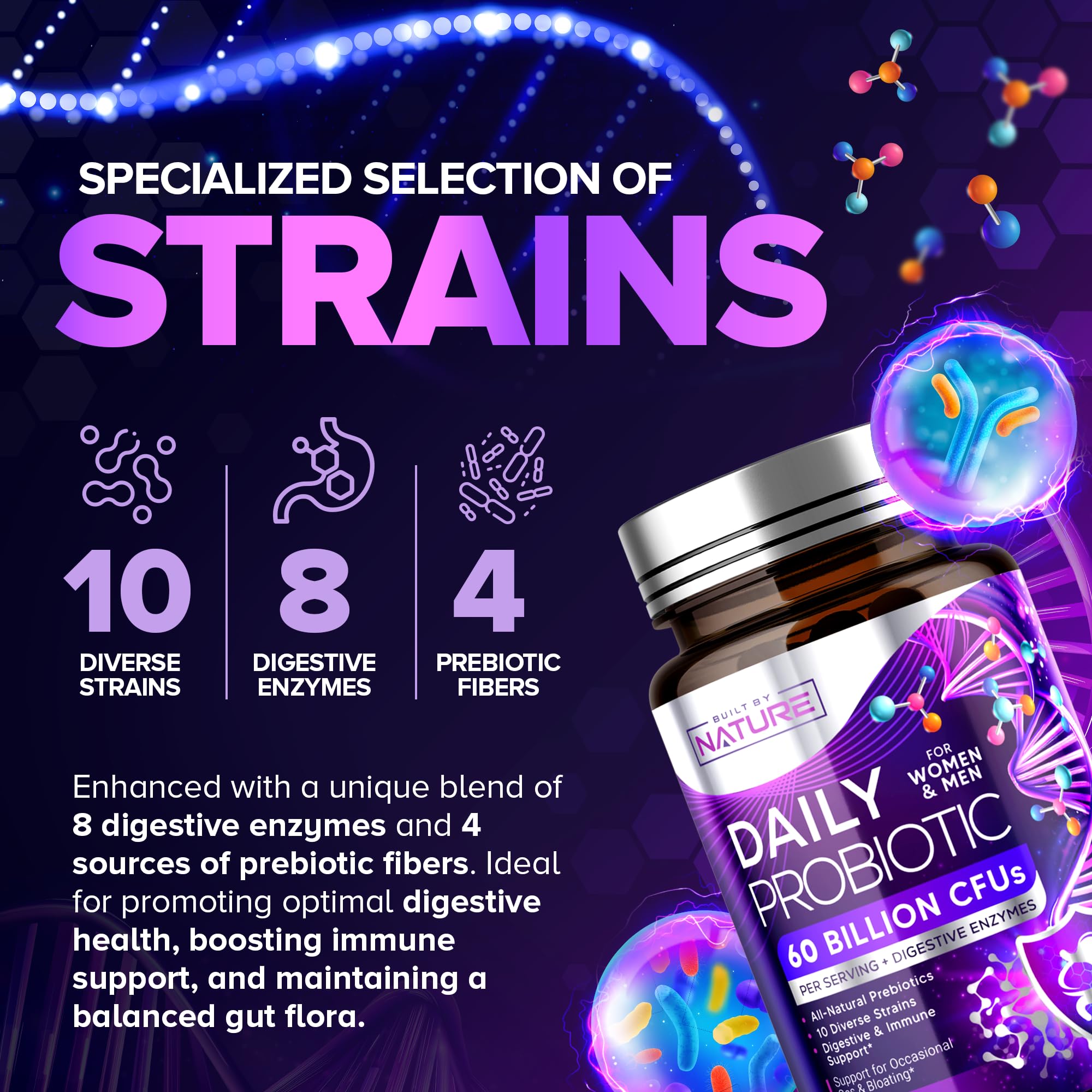 Built by Nature Probiotic for Women & Men – 60 Billion CFU, 10 Strains + Prebiotics & Digestive Enzymes – Supports Digestive, Immune, Reduce Gas & Bloating – Shelf Stable, Non-GMO - 120 Capsules