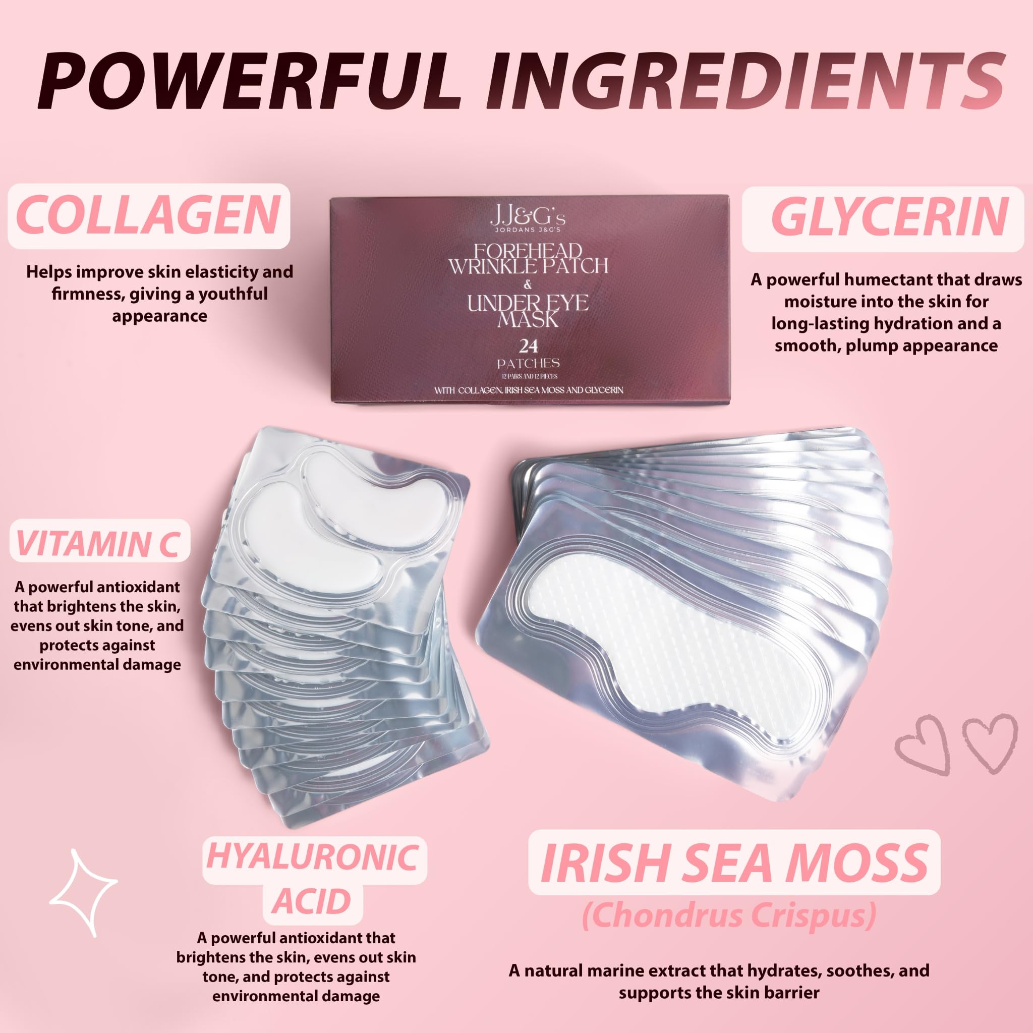 JJ&G's Forehead Wrinkle Patches & Under Eye Mask | Anti Wrinkle Patches Bundle | Collagen Eye Mask For Puffy and Dark Circles | Irish Sea Moss Collagen Glycerin | 36 Pcs (12 Pairs & 12 Pcs)