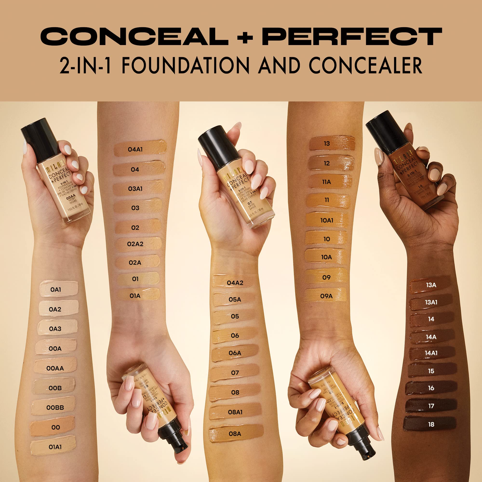 Milani Conceal + Perfect 2-in-1 Foundation + Concealer for a Flawless Complexion, Under Eye Corrector, Cover Redness and Imperfections, Waterproof and Sweatproof - Creamy Nude