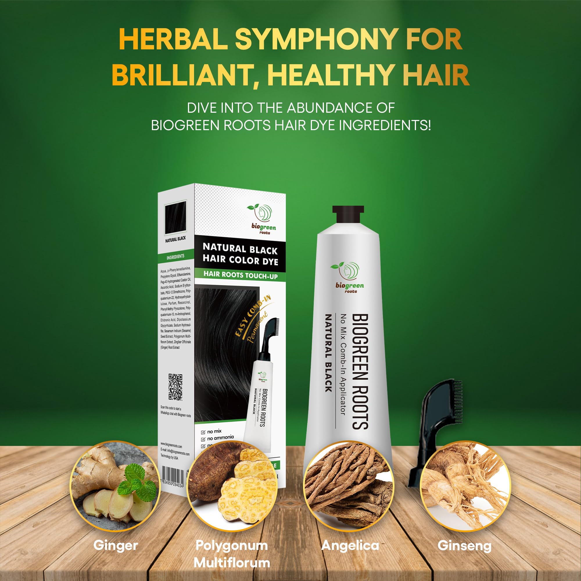 Biogreen Roots Ammonia-Free Herbal Hair Shampoo - Effectively Covers Gray Hair for Men and Women - Natural Color and Herbal Nourishment - No Stain on Skin - Natural Black (150 ml)