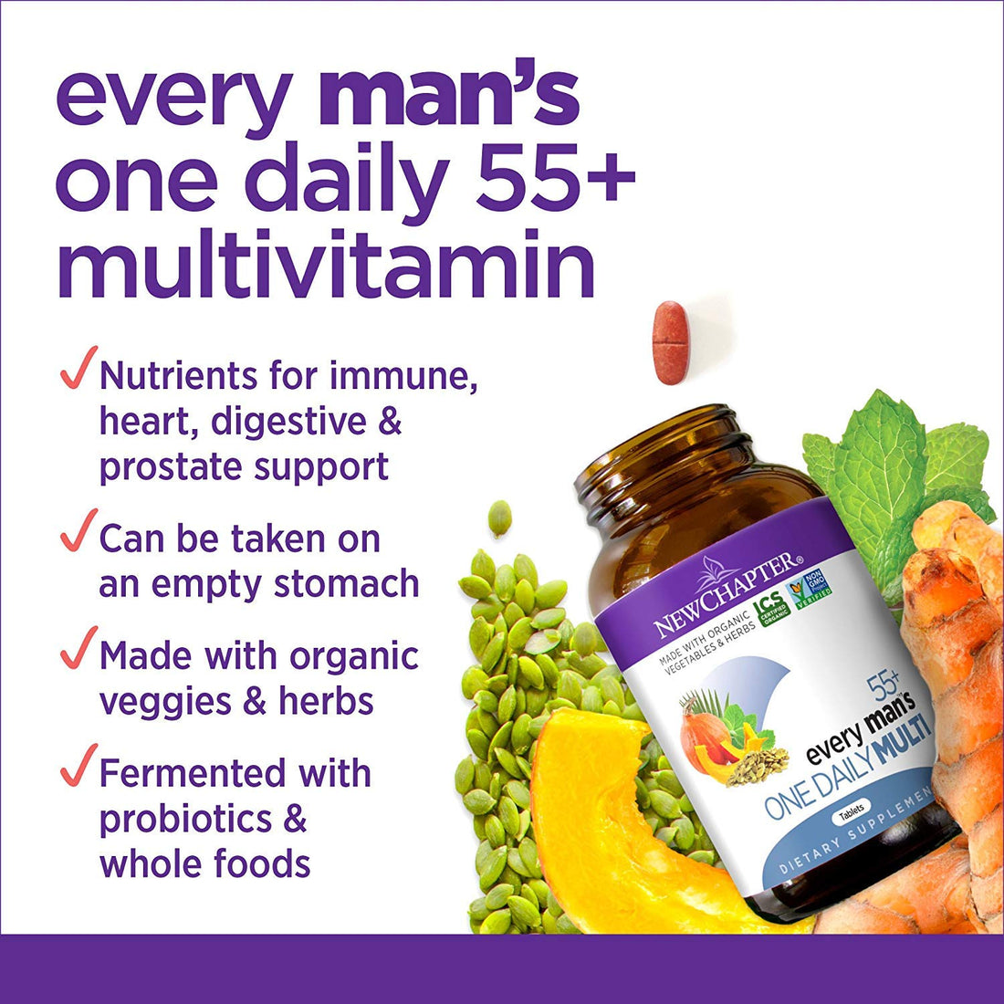 New Chapter Multivitamin for Men 50 Plus - Every Man's One Daily 55+ with Fermented Probiotics + Whole Foods + Astaxanthin + Organic Non-GMO Ingredients - 90 ct