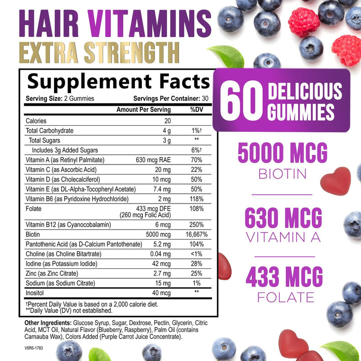 Hair Growth Supplement Gummy for Stronger, Radiant Hair, Skin & Nails - Hair Vitamins with Biotin 5000 mcg and Vitamin E & C, Nature's Extra Strength Hair Vitamins for Women & Men - 60 Gummies