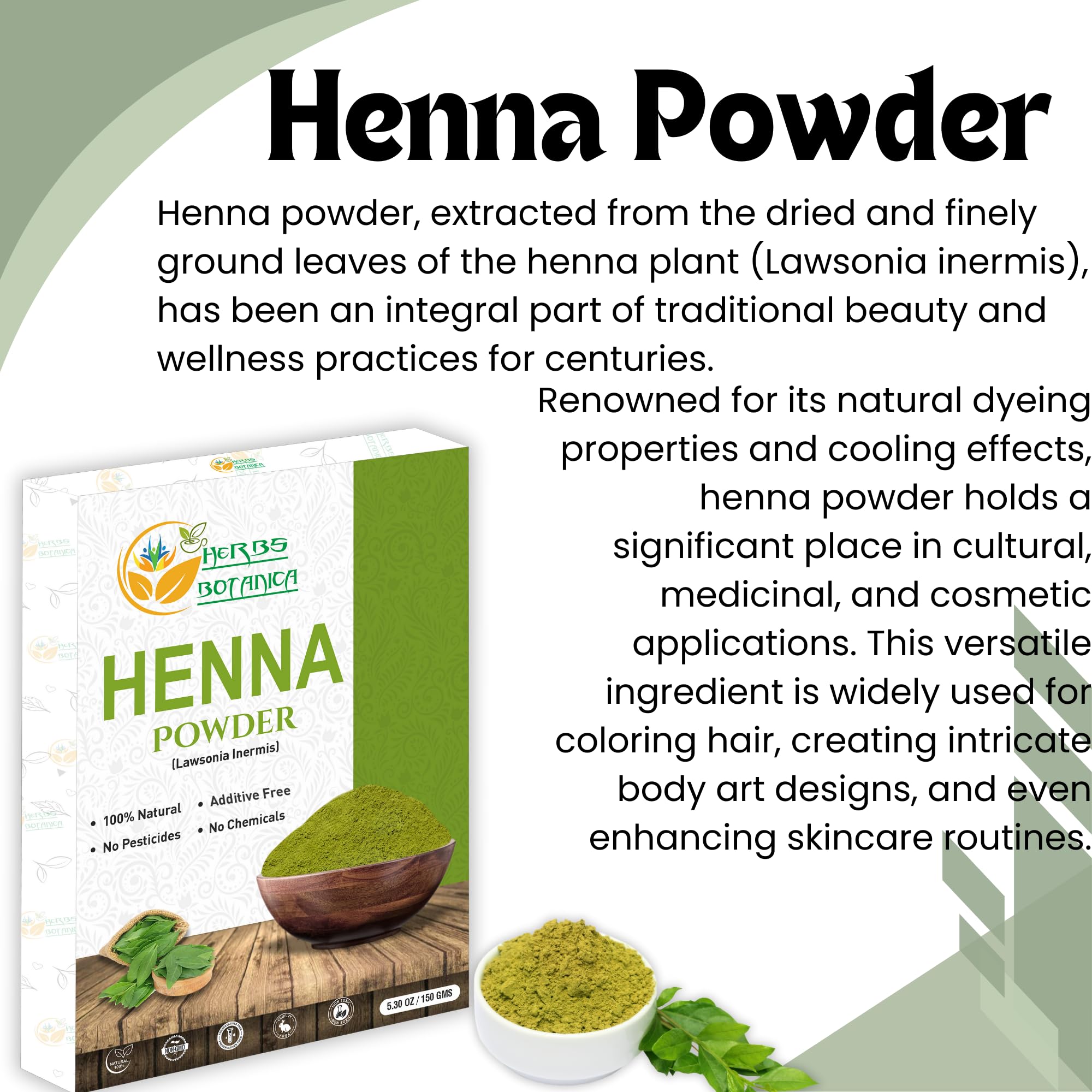 Herbs Botanica Henna Powder 100% Pure & Natural Henna for Hair Dye & Natural Hair Care – Finely Ground Lawsonia Inermis Powder for Hair Coloring & Conditioning 5.3 oz Pack