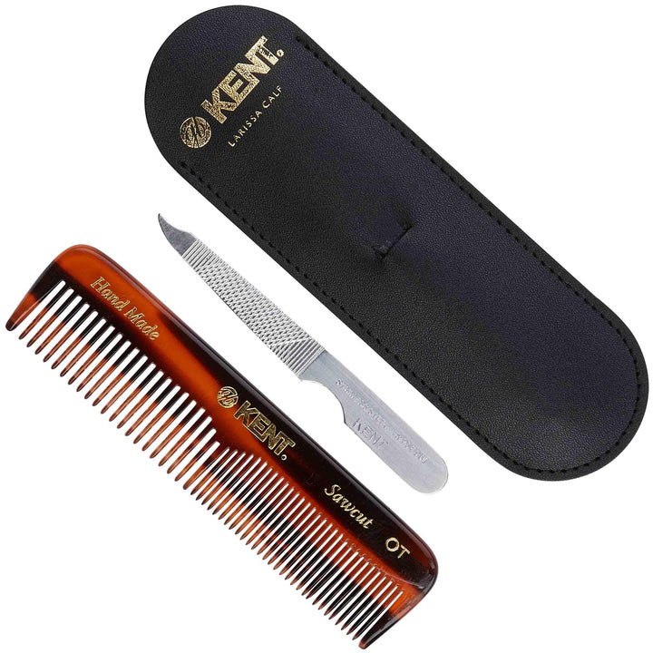 Kent Authentic Handmade Pocket Comb with Metal File and Real Calf Leather Case, Dark Brown, 110mm