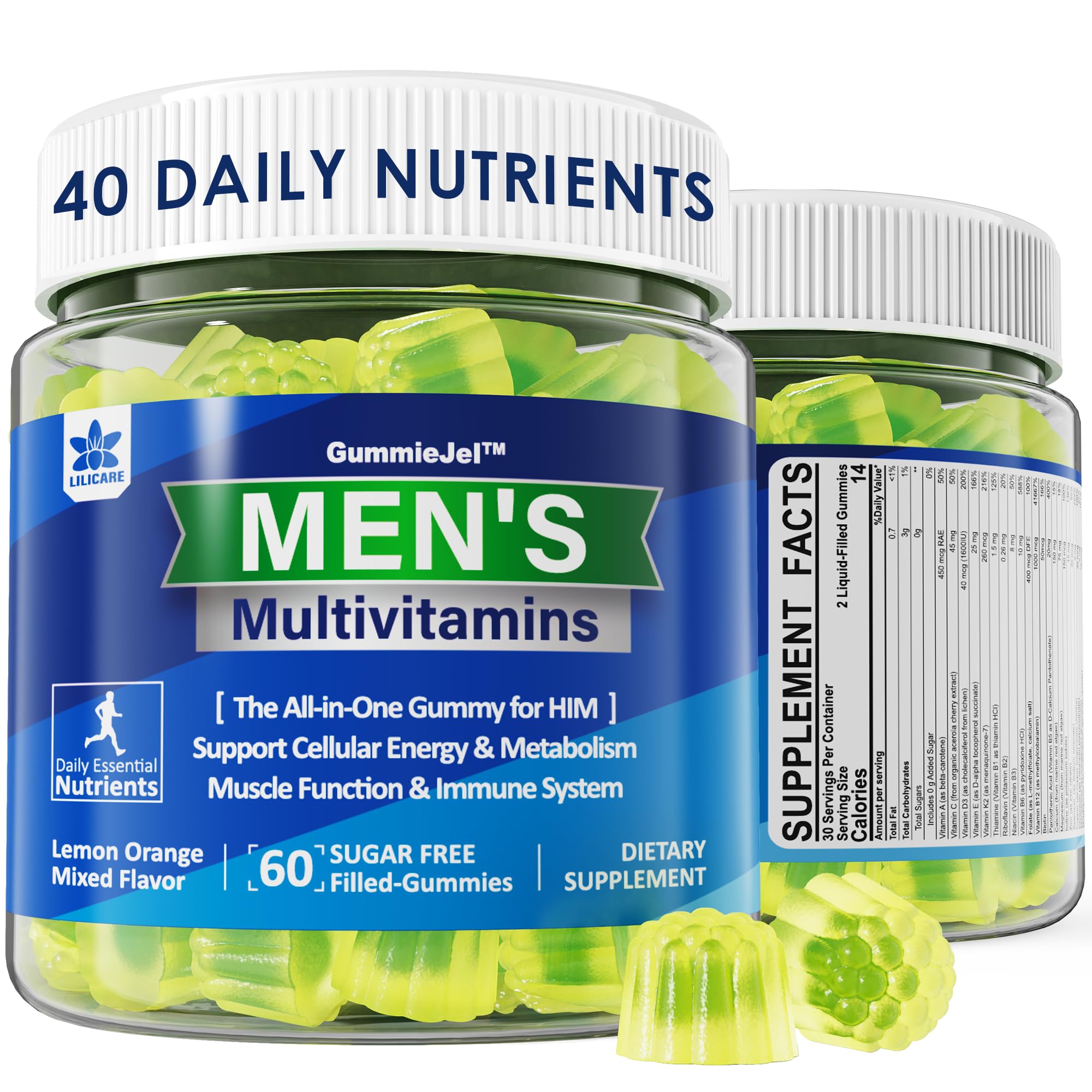 (2 Pack) Multivitamin for Men, Daily Mens Multivitamins & Multiminerals Gummies, Mens Vitamins A C D E B6 B12, Methylfolate, Omega 3, Probiotics, Enzymes for Energy, Immunity, Sugar Free, (No Iron)