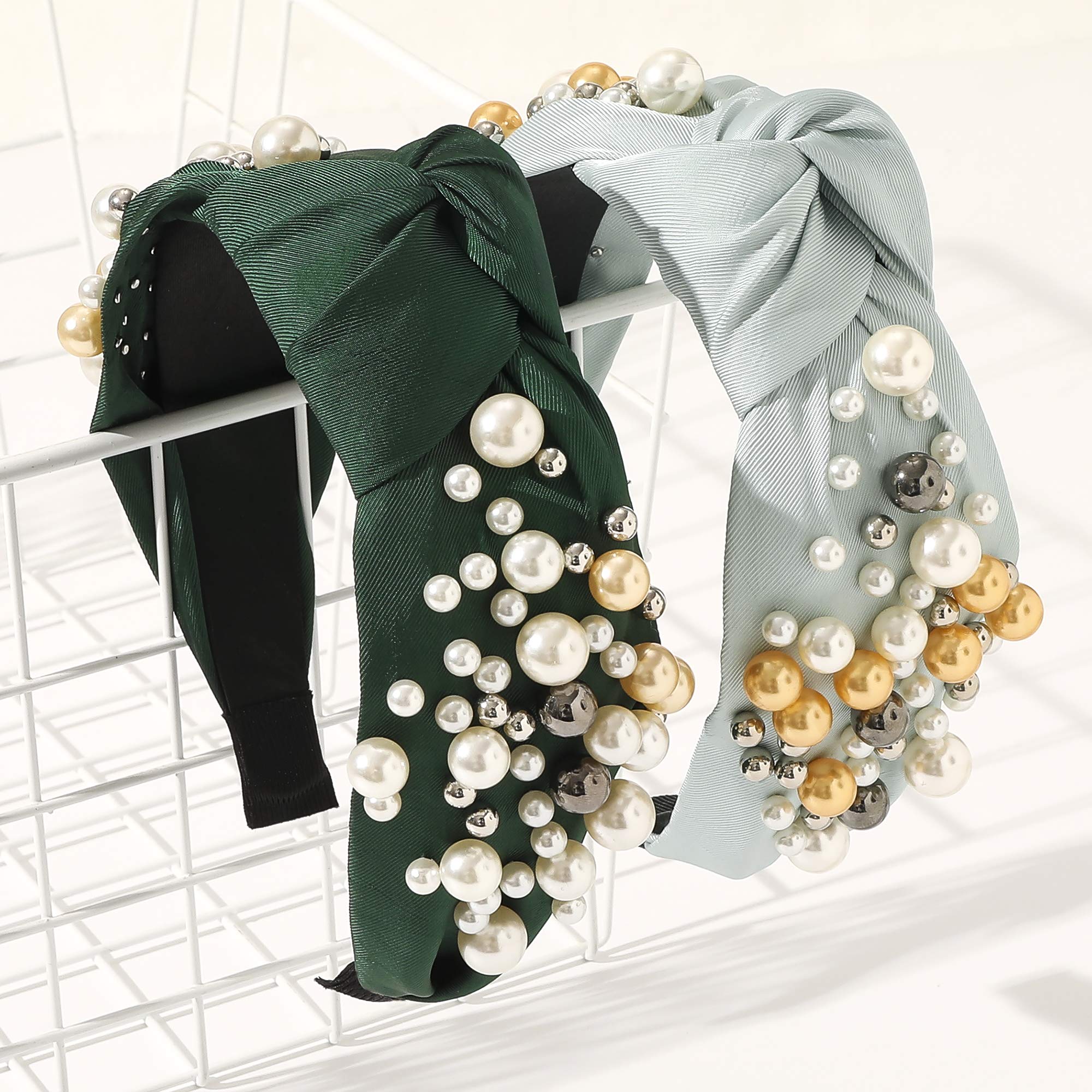 Ivyu Headbands for Women Head Bands - Knotted Pearl Headband Diademas Para Mujer De Moda Hair Accessories Hairbands for Girls No Slip Fashion Cute Top Knot Headband Gift for Women Green Yellow Blue