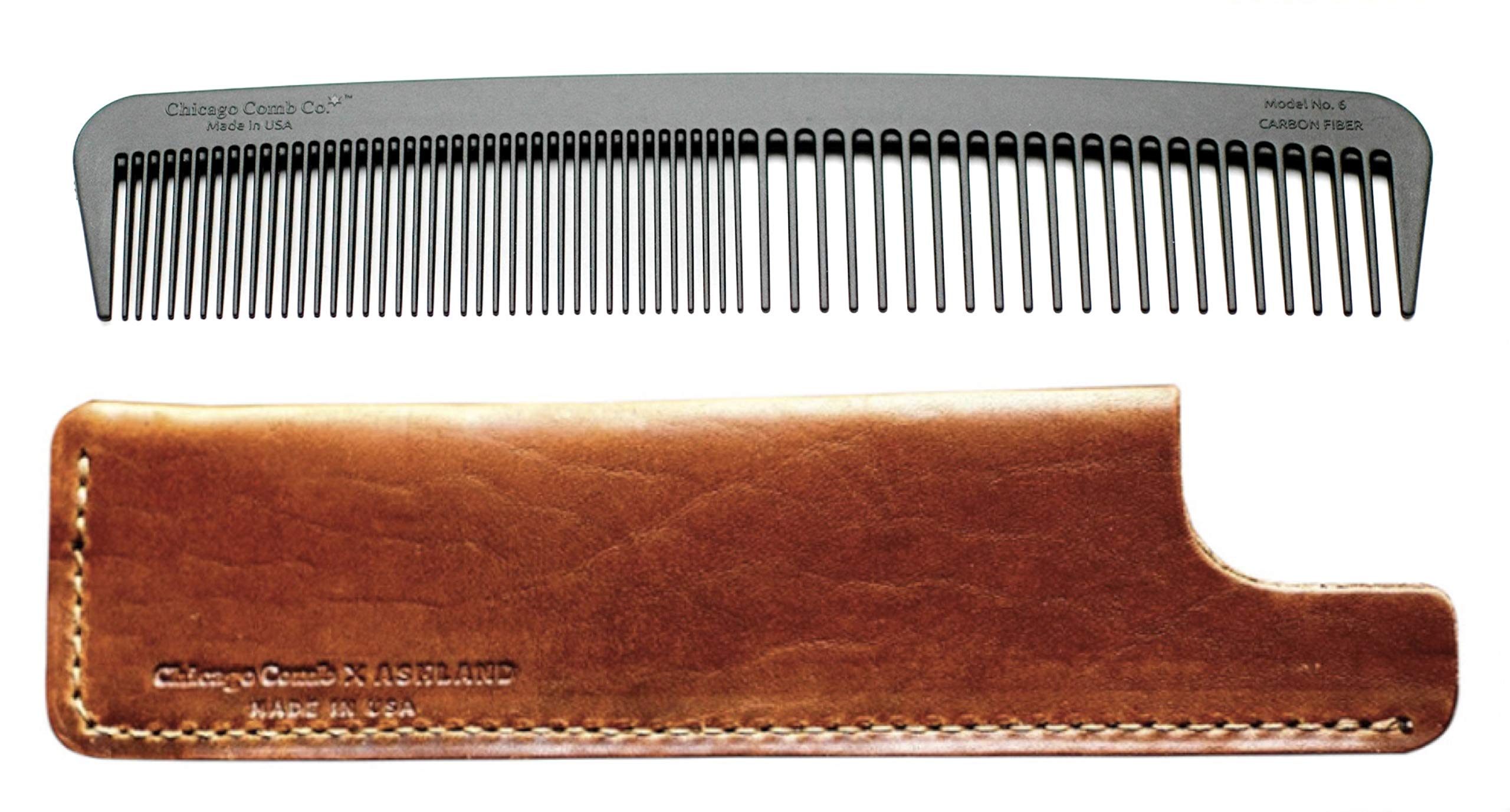 Chicago Comb Model 6 Carbon Fiber Comb + English Tan Horween leather sheath, Made in USA, ultimate styling comb, for men & women, ultra smooth strong & light, anti-static, premium leather sheath