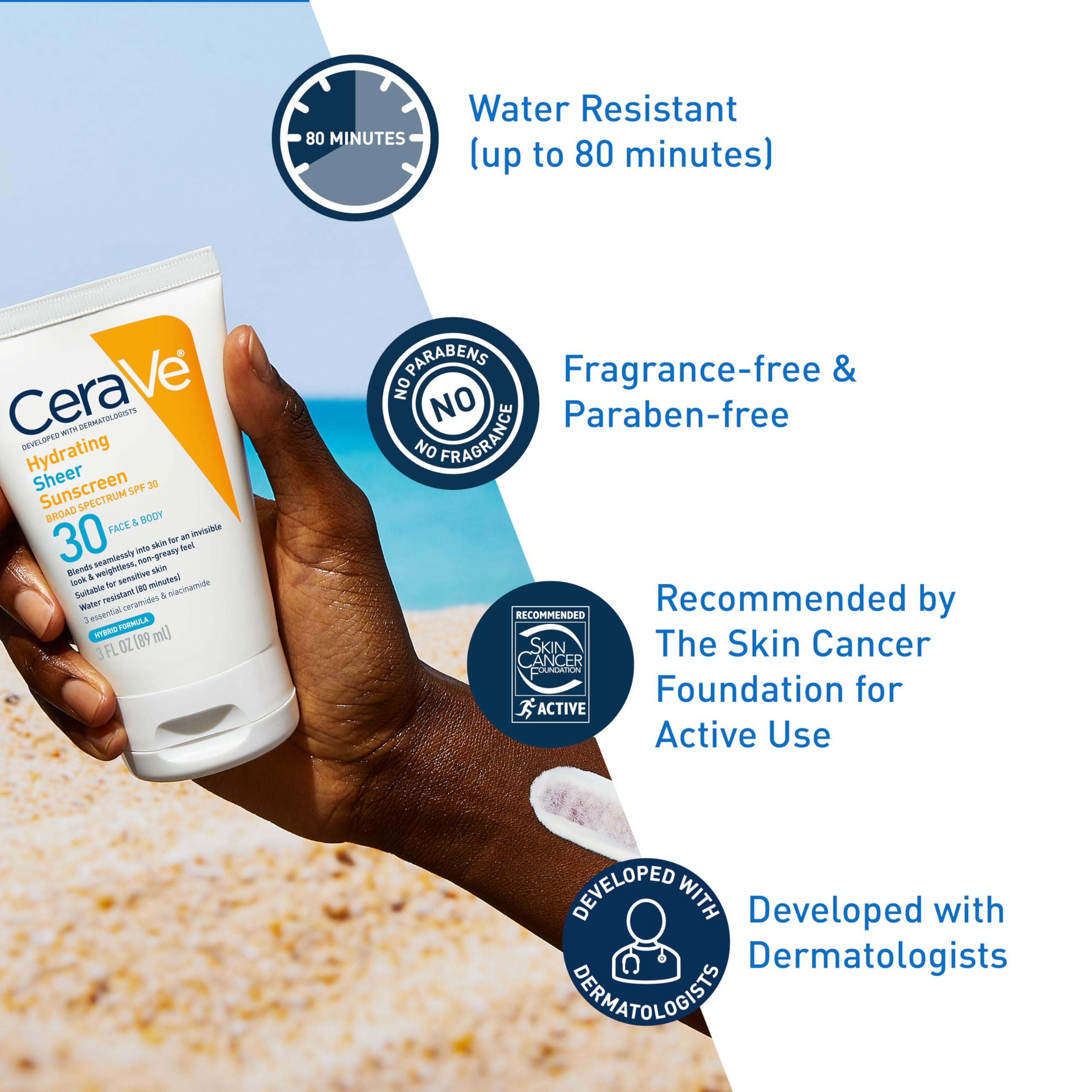 CeraVe Hydrating Sheer Sunscreen SPF 30 for Face and Body, Mineral & Chemical Sunscreen with Zinc Oxide, Hyaluronic Acid, Niacinamides and Ceramides, Paraben Free Fragrance Free, 3 Ounces